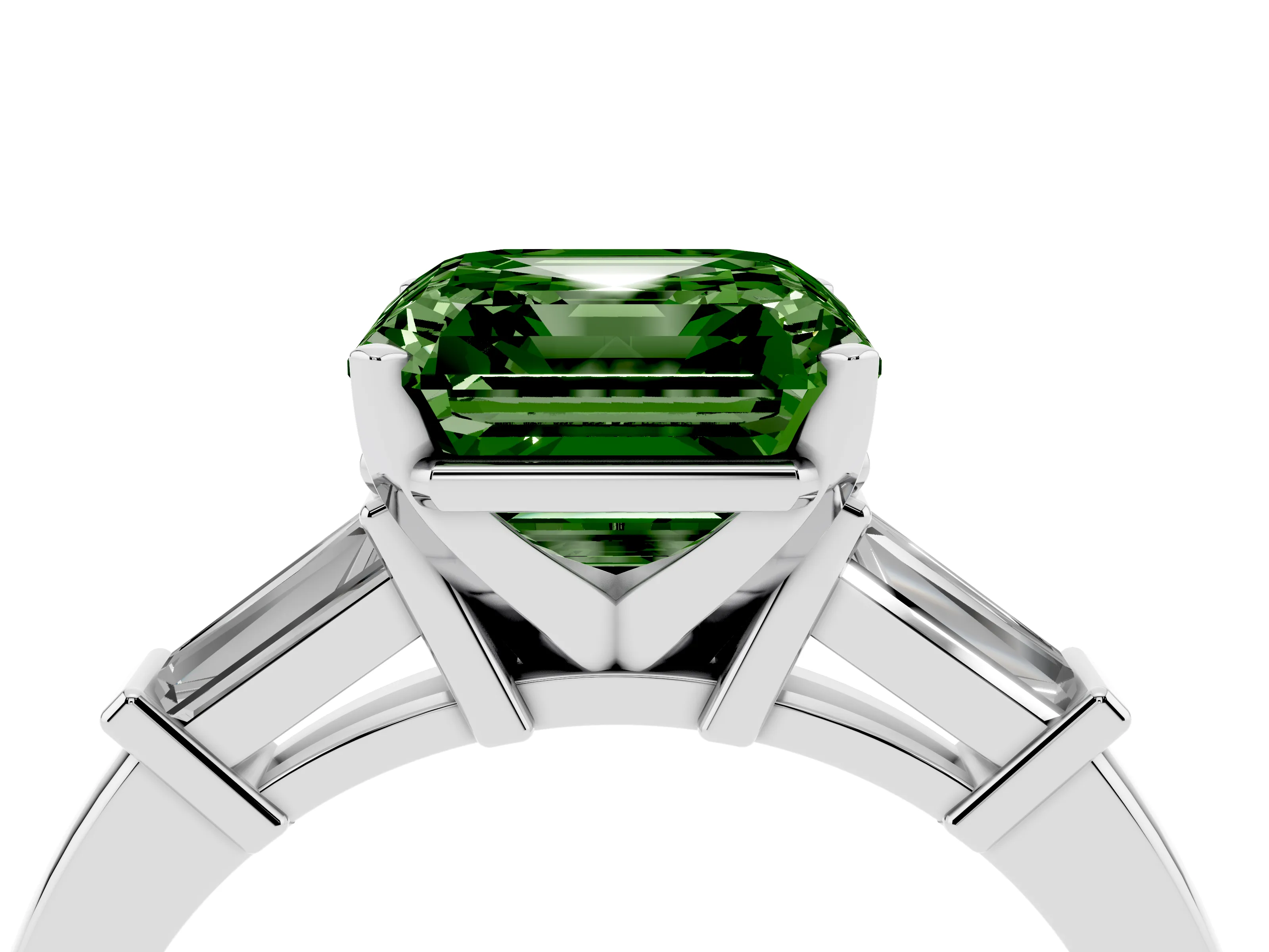 Fancy Green Asscher Cut Diamond Solitaire Ring Set in White gold with Tapered Baguette Accents and Prong Setting