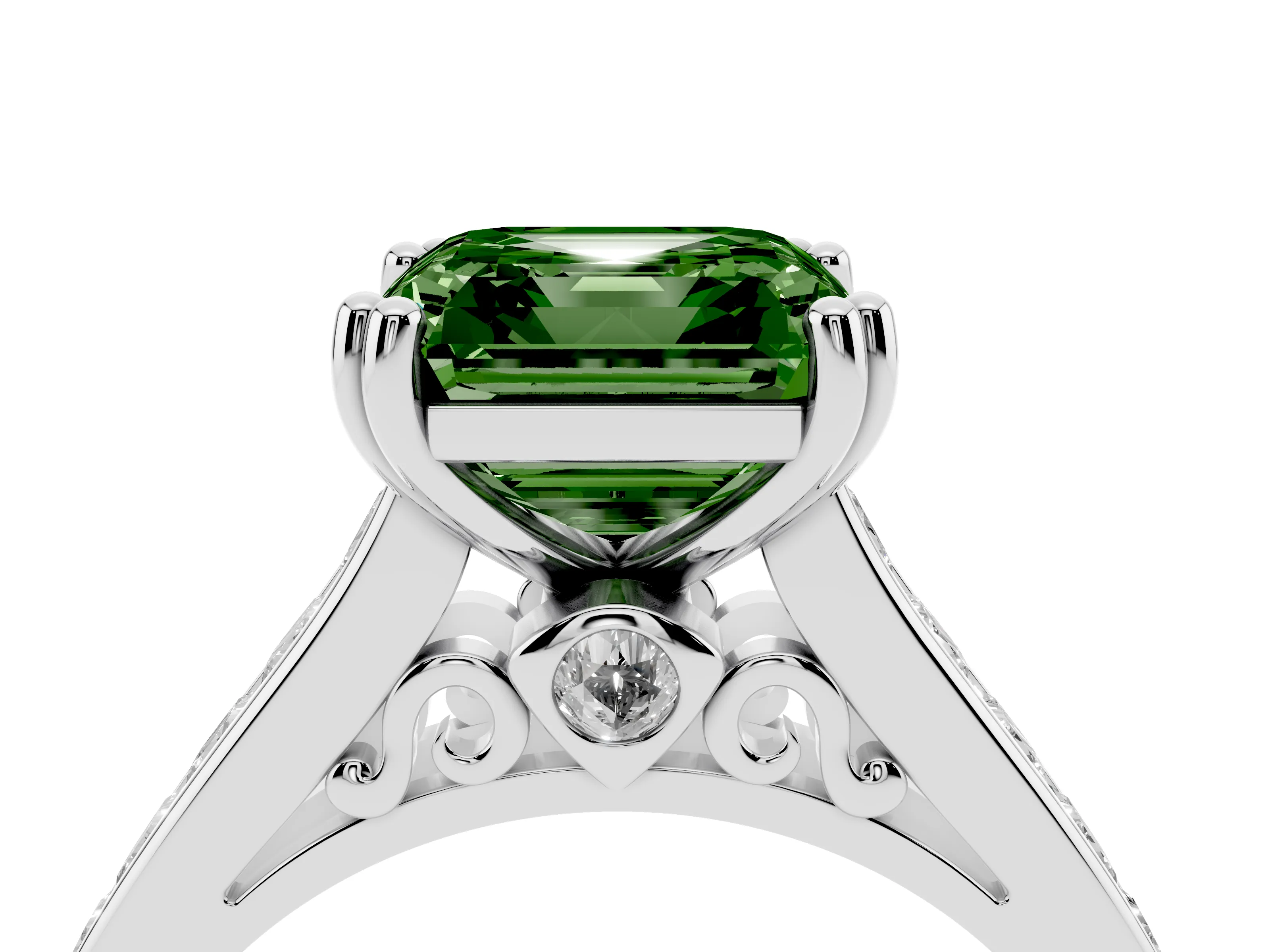 Fancy Green Asscher Cut Diamond Channel Set Solitaire Engagement Ring Set in White gold with Prong Setting