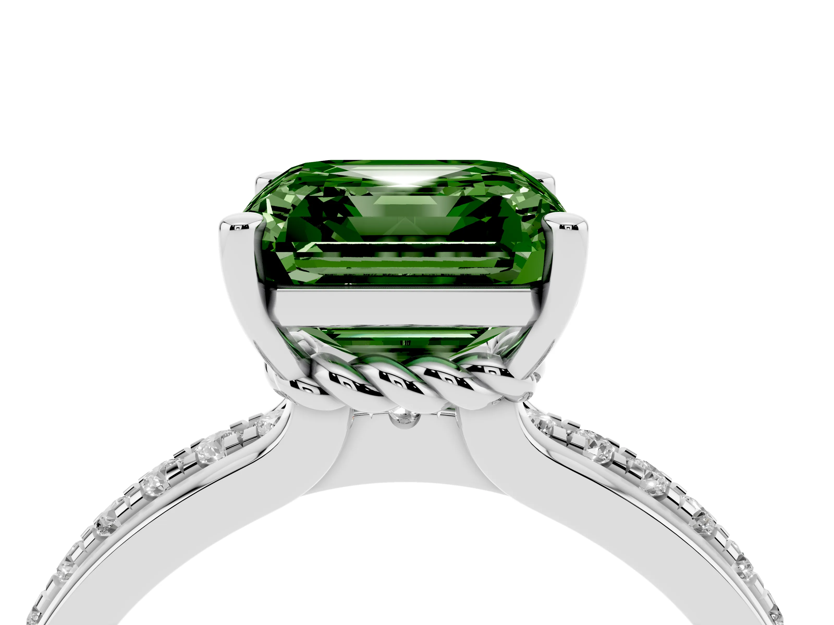 Fancy Green Asscher Cut Diamond Solitaire Ring Set in White gold with Channel Set Band and Prong Setting