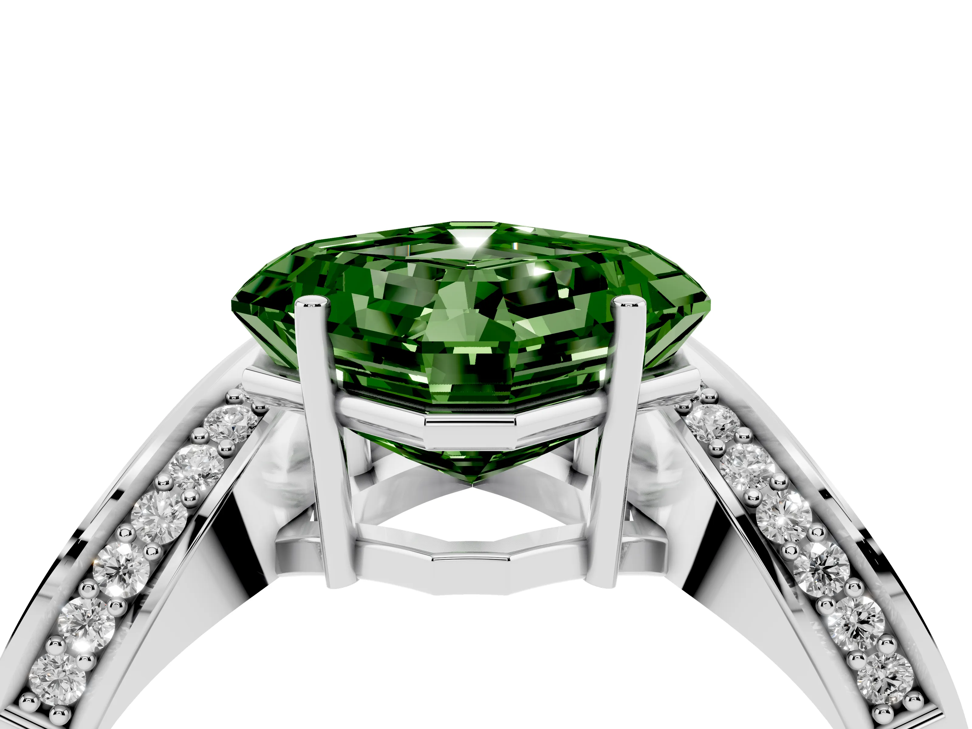 Fancy Green Asscher Cut Diamond Solitaire Engagement Ring Set in Platinum with Pavé Shoulders