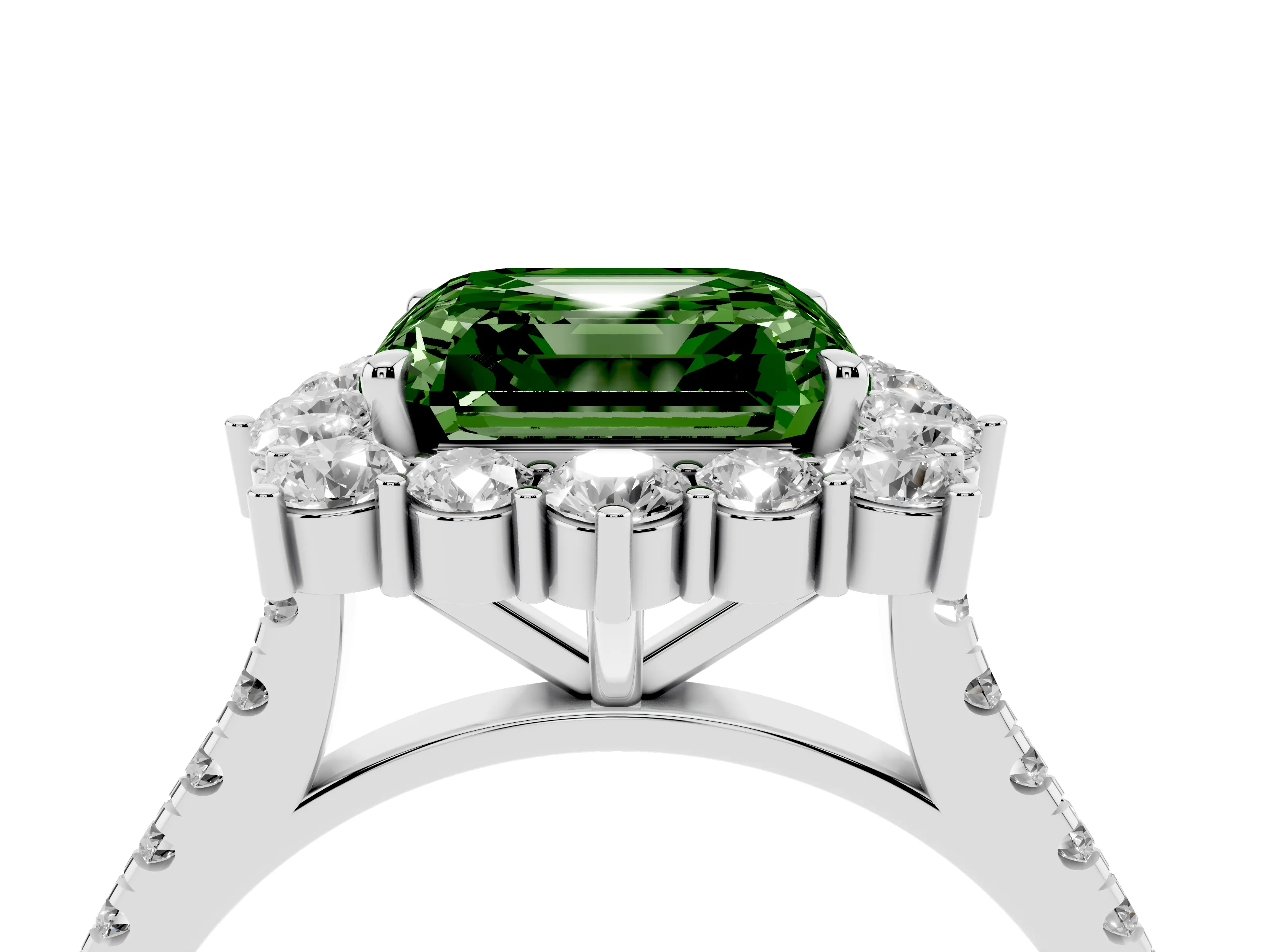 Fancy Green Asscher Cut Diamond Halo Ring Set in Silver with Pavé Band and Prong Setting