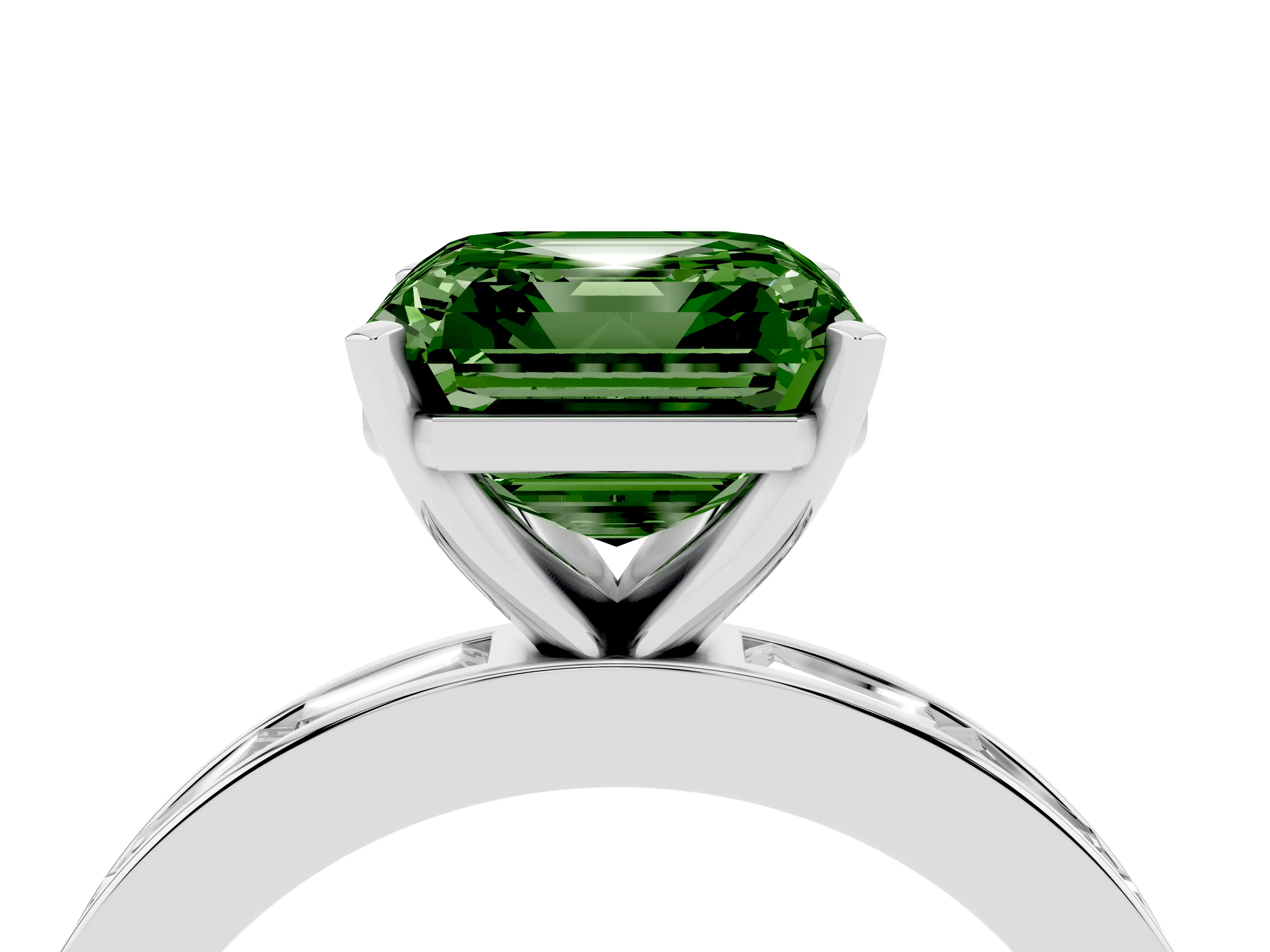Fancy Green Asscher Cut Diamond Solitaire Ring Set in White gold with Channel-Set Baguette Band and Prong Setting
