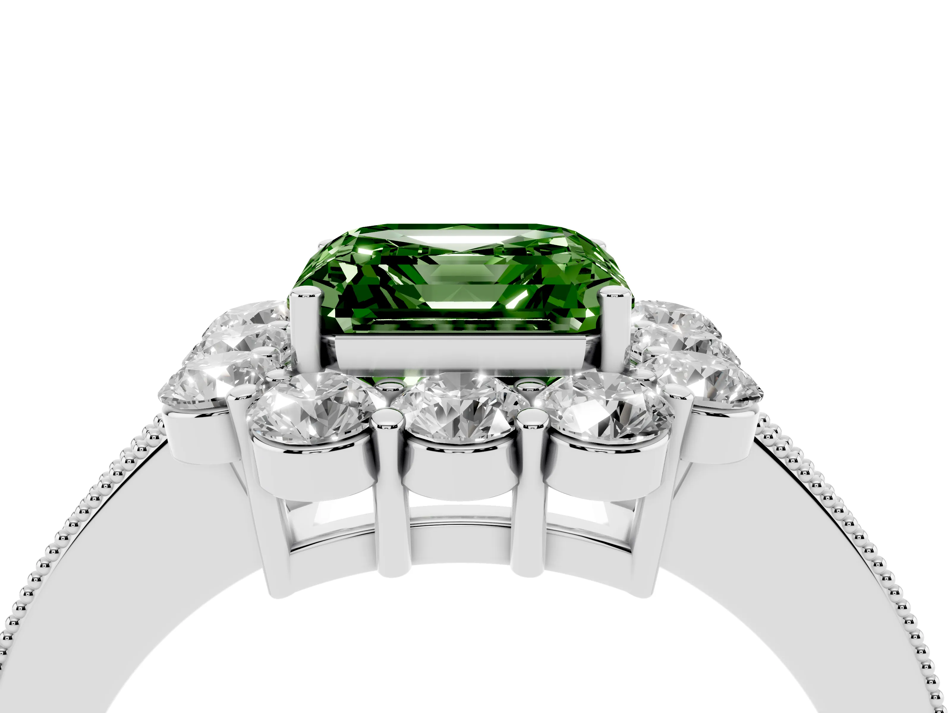 Fancy Green Asscher Cut Diamond Halo Pavé Engagement Ring Set in White gold with Milgrain Detailing