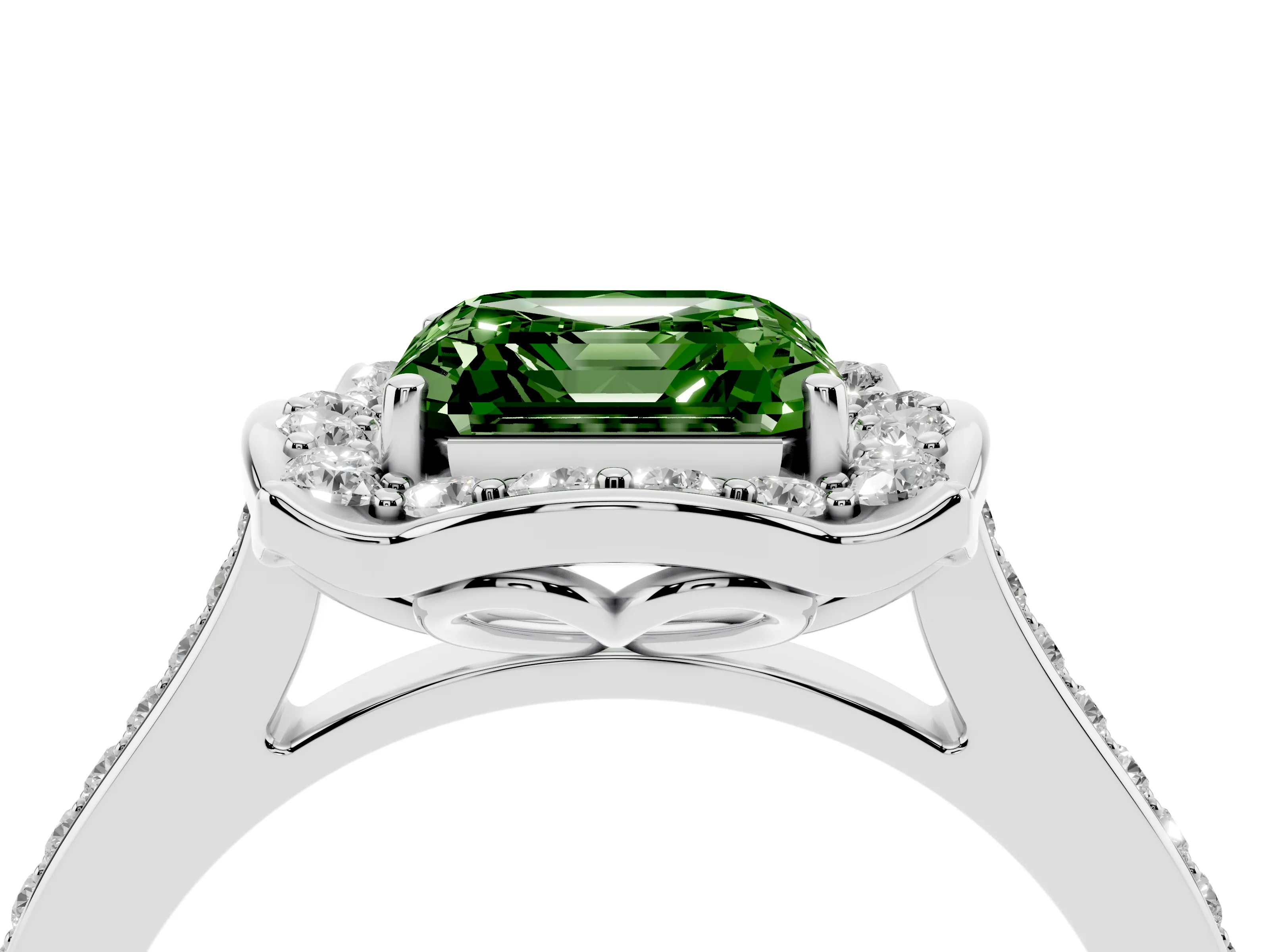Fancy Green Asscher Cut Diamond Halo Ring Set in Silver with Pavé-Lined Shoulders and Prong Setting