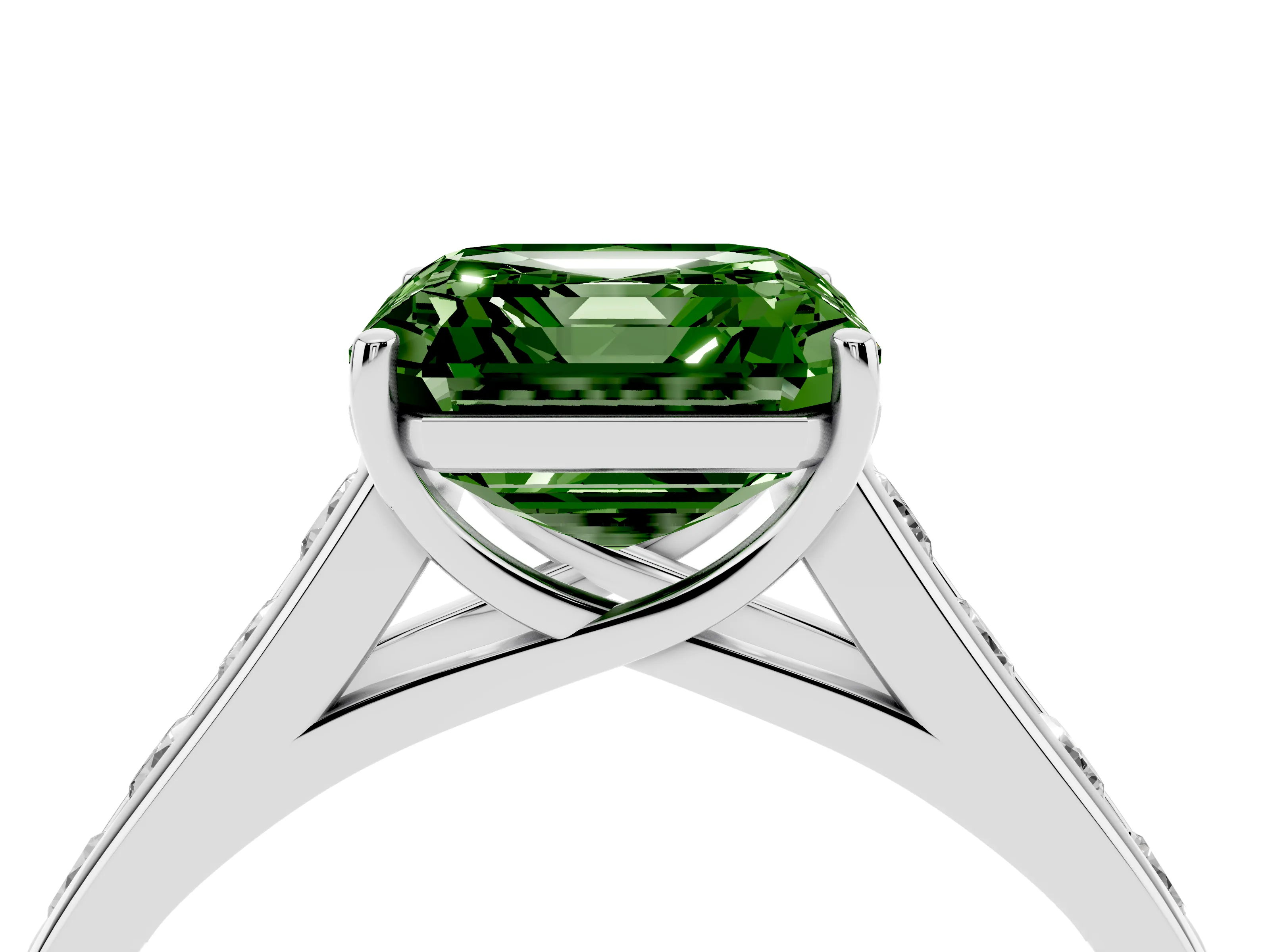 Fancy Green Asscher Cut Diamond Brilliant Channel-Set Solitaire Ring Set in White gold with Prong Setting