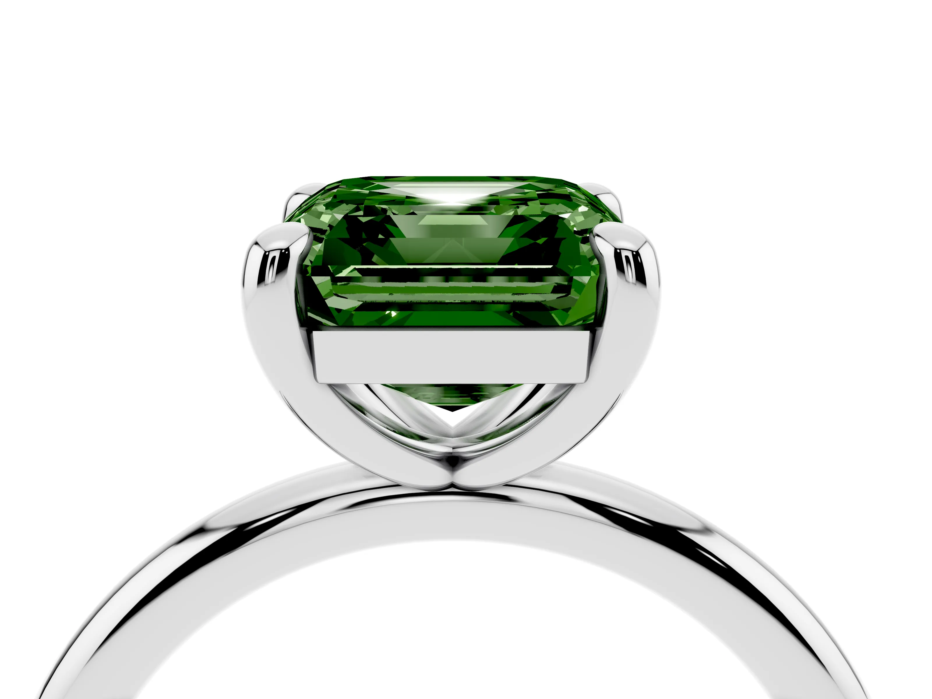 Fancy Green Asscher Cut Diamond Solitaire Ring Set in White gold with Prong Setting on a Polished Plain Band