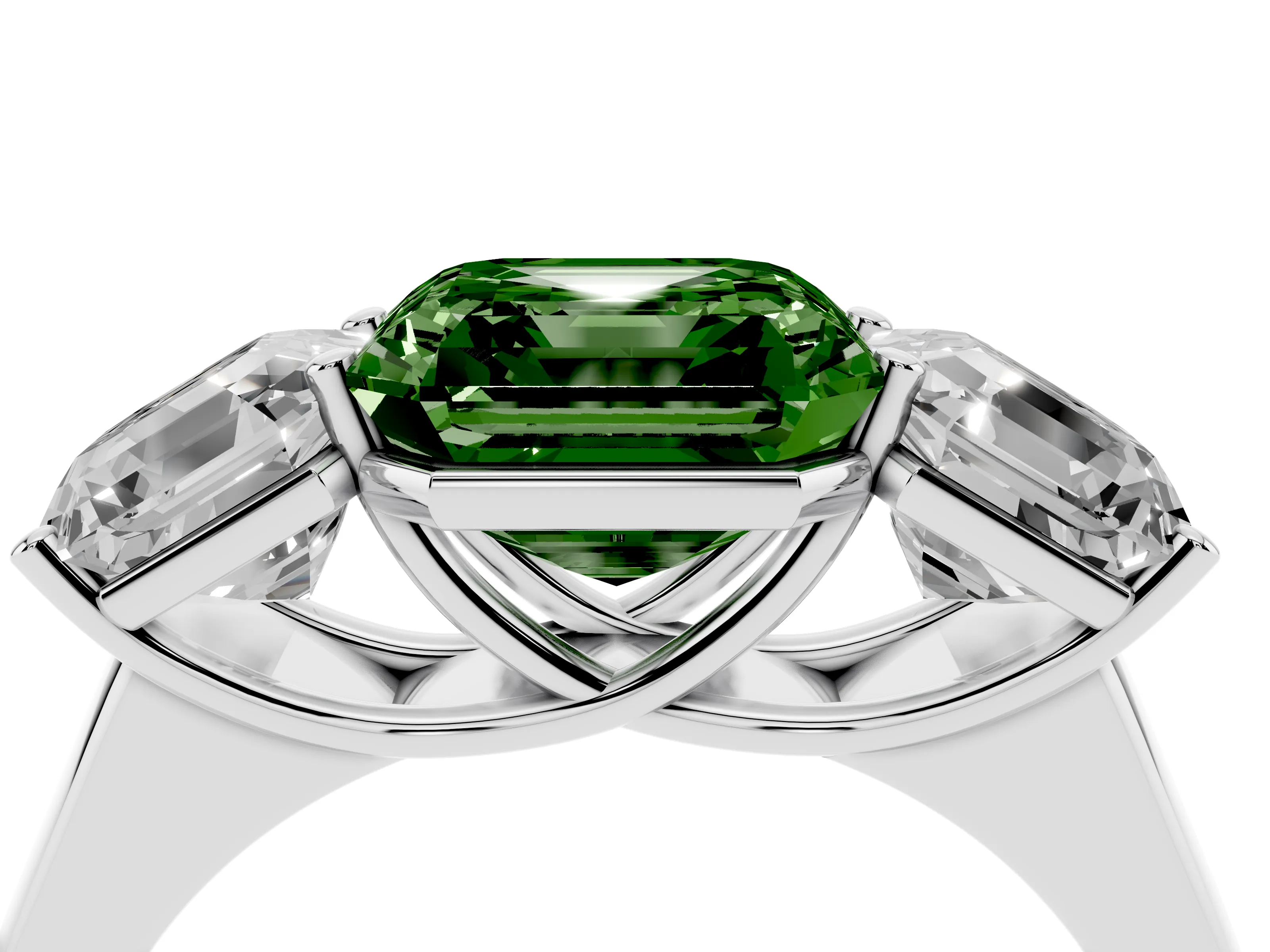 Fancy Green Asscher Cut Diamond Three-Stone Ring Set in White gold with Plain Polished Band