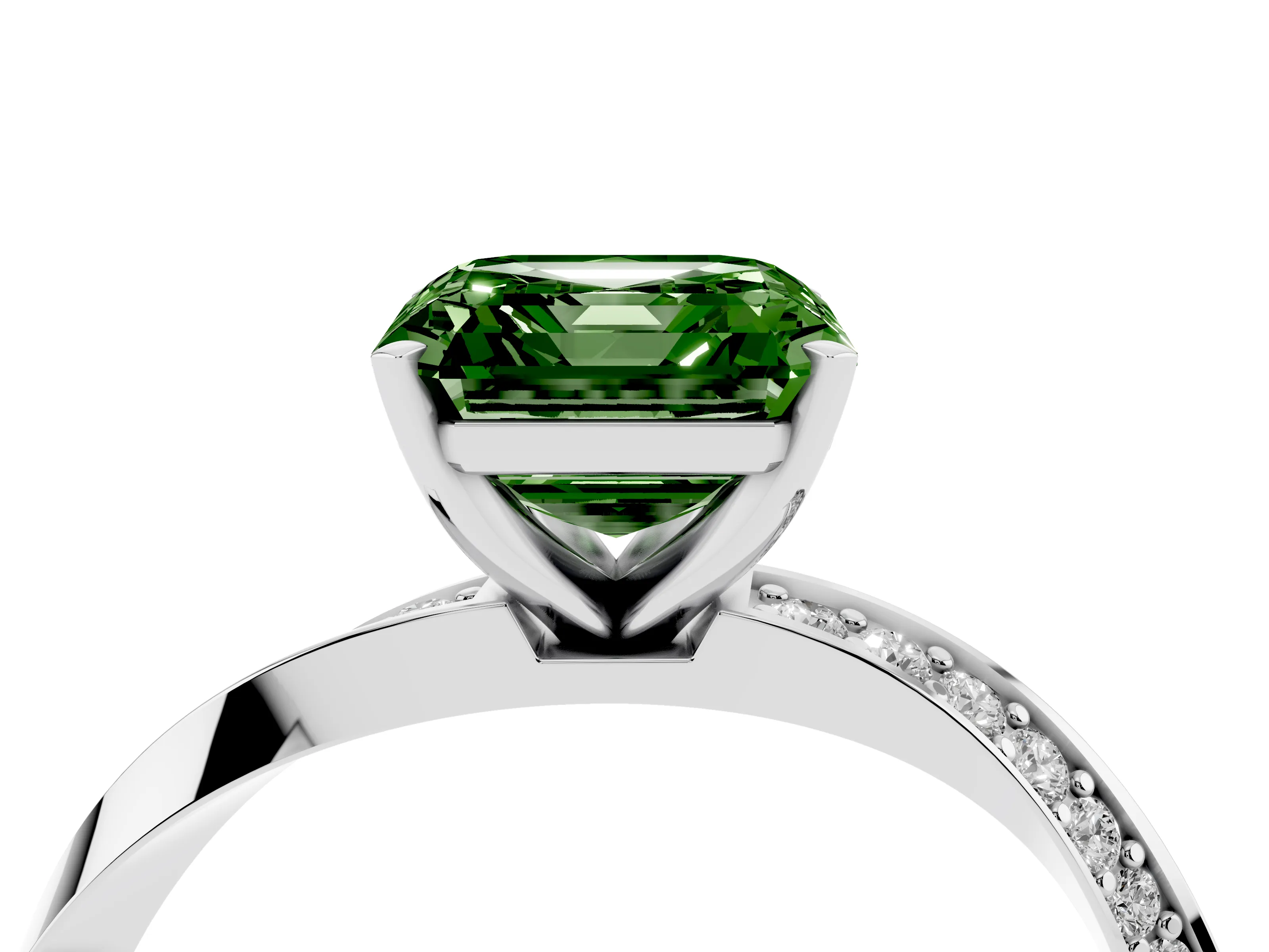 Fancy Green Asscher Cut Diamond Engagement Ring Set in White gold with Side Stone Accents and Prong Setting