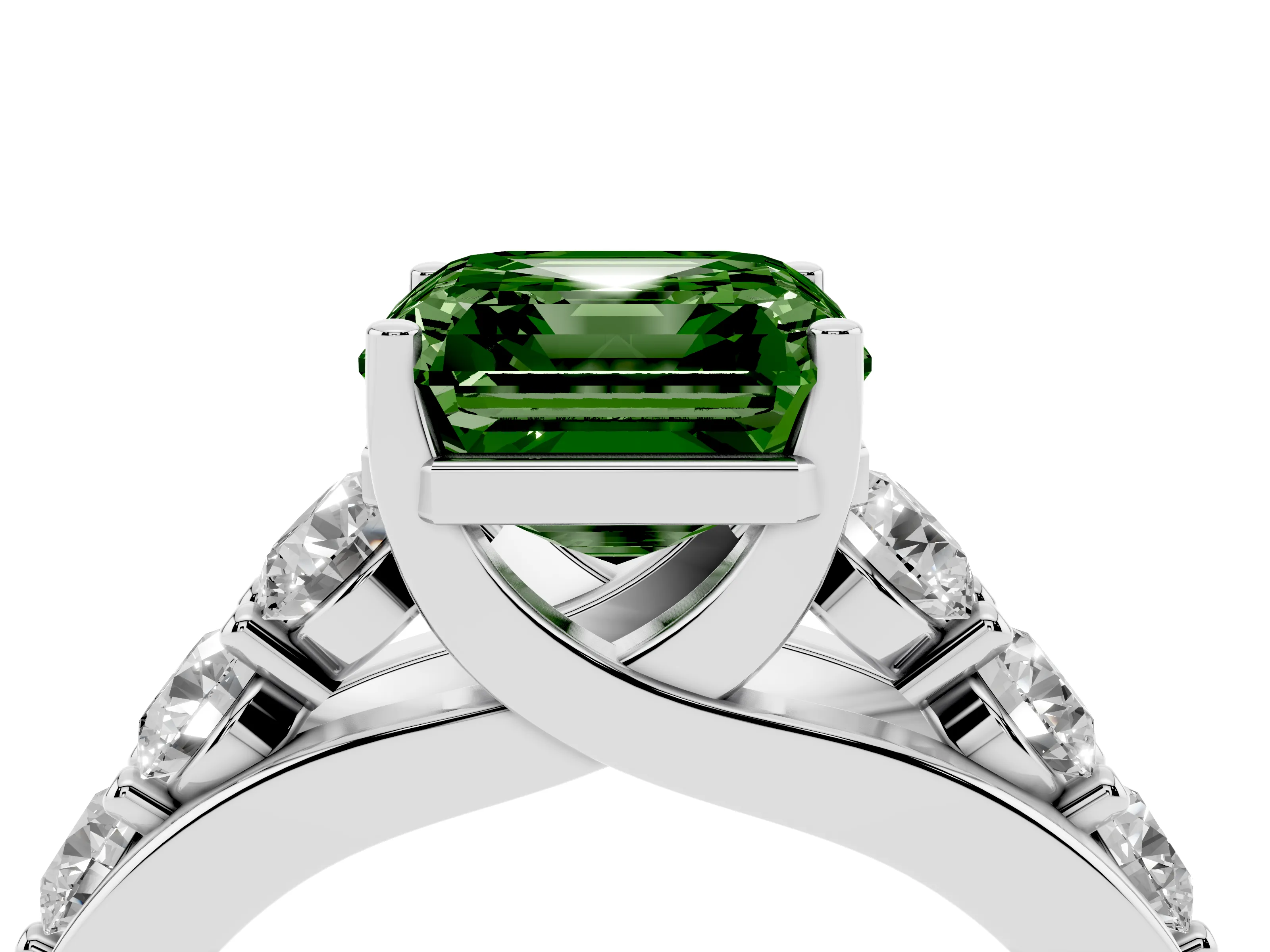 Fancy Green Asscher Cut Diamond Pavé Engagement Ring Set in Silver with Prong Setting
