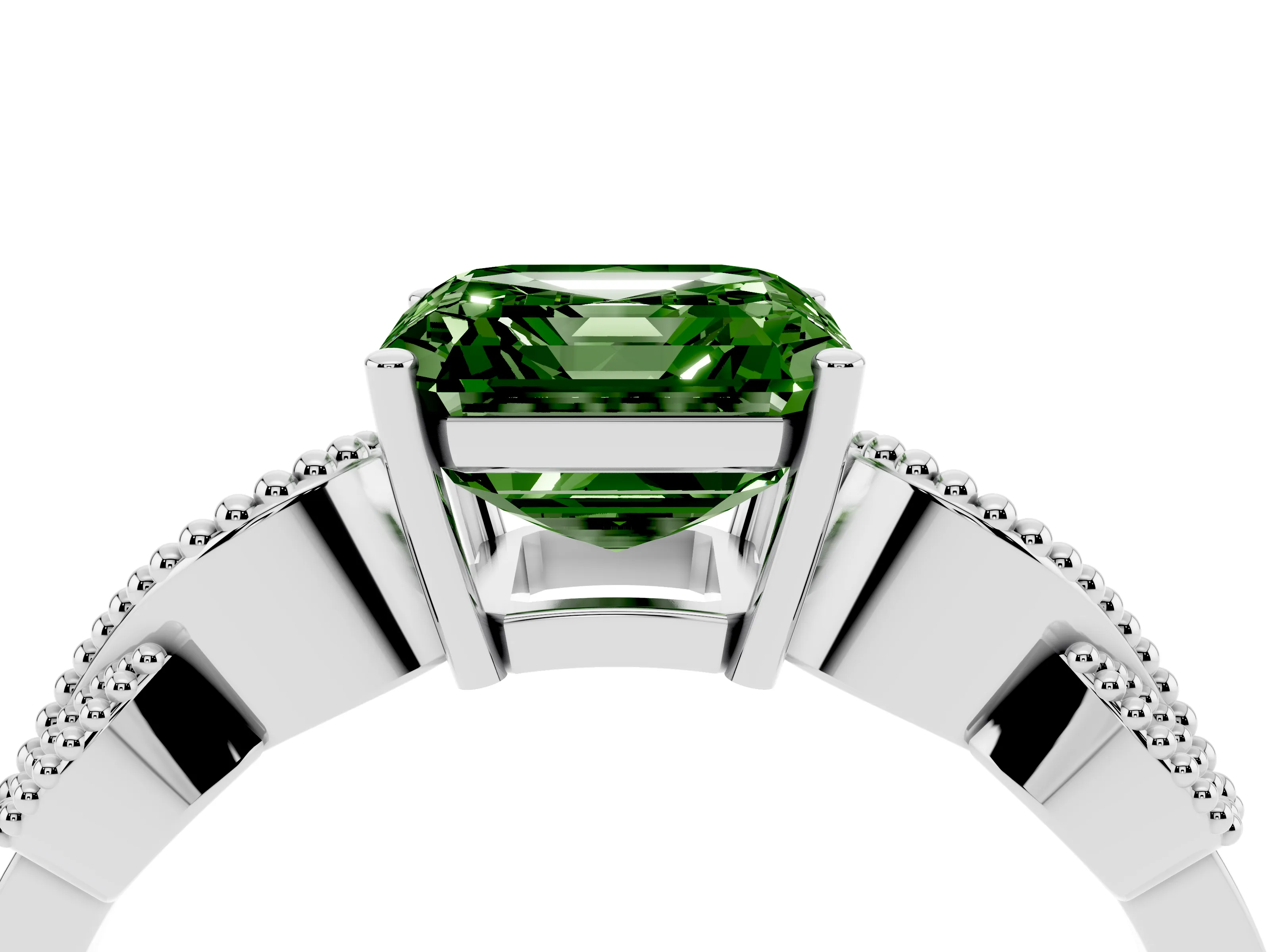 Fancy Green Asscher Cut Diamond Milgrain Leaf Band Solitaire Ring Set in White gold with Accent Stones and Prong Setting