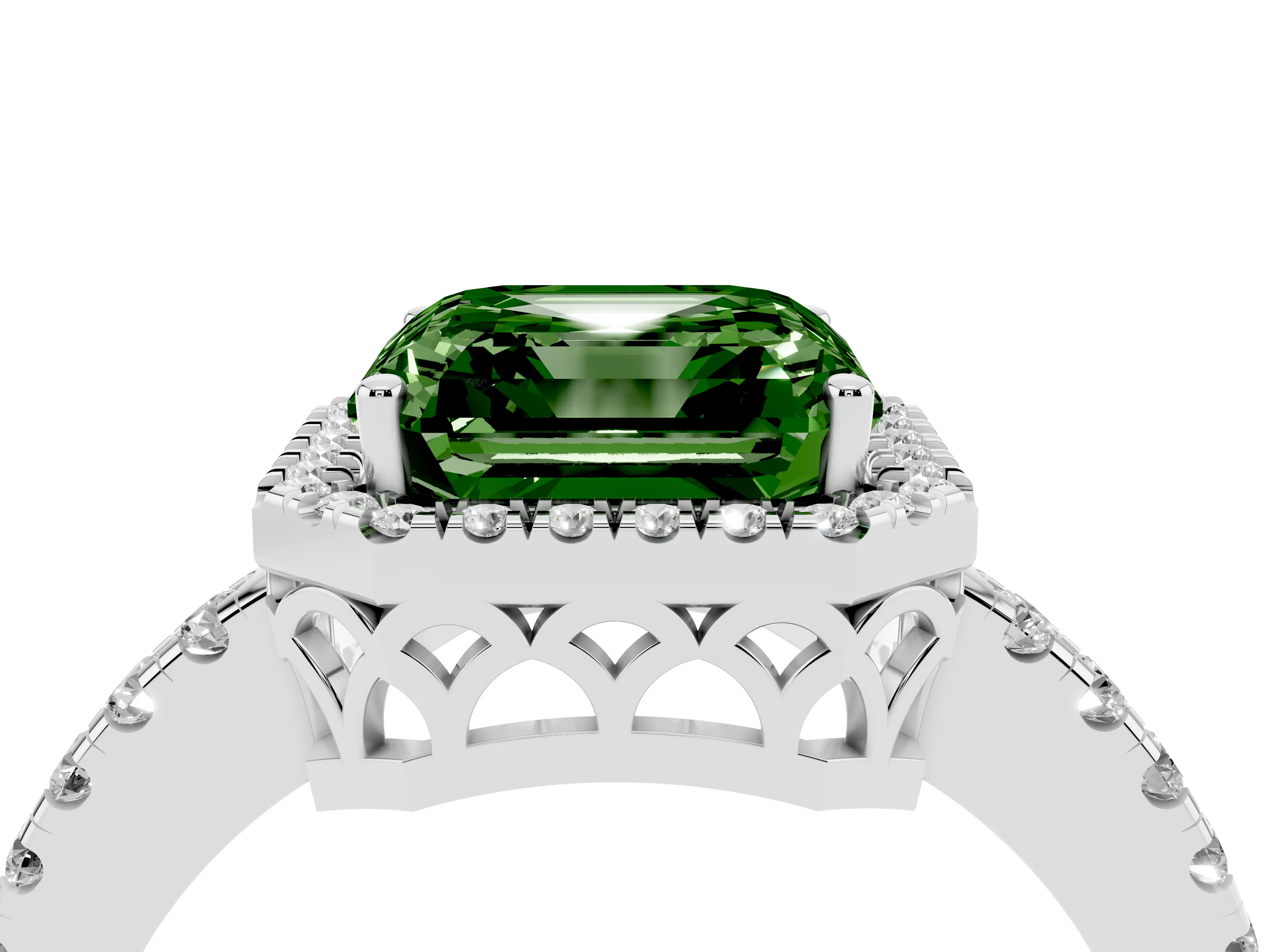 Fancy Green Asscher Cut Diamond Pavé Band Halo Engagement Ring Set in Silver with Prong Setting