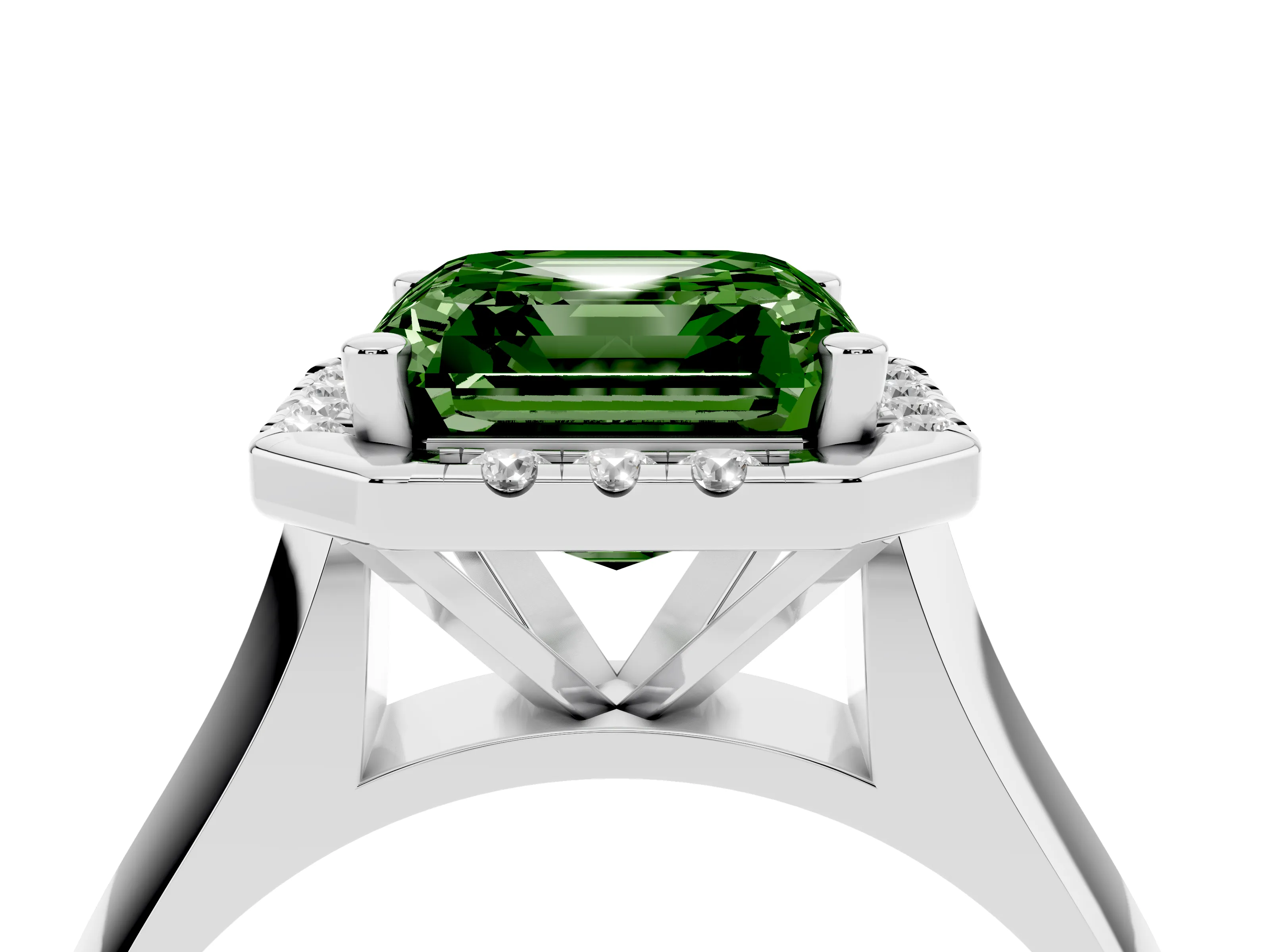 Fancy Green Asscher Cut Diamond Halo Solitaire Engagement Ring Set in Silver with Square Band and Prong Setting