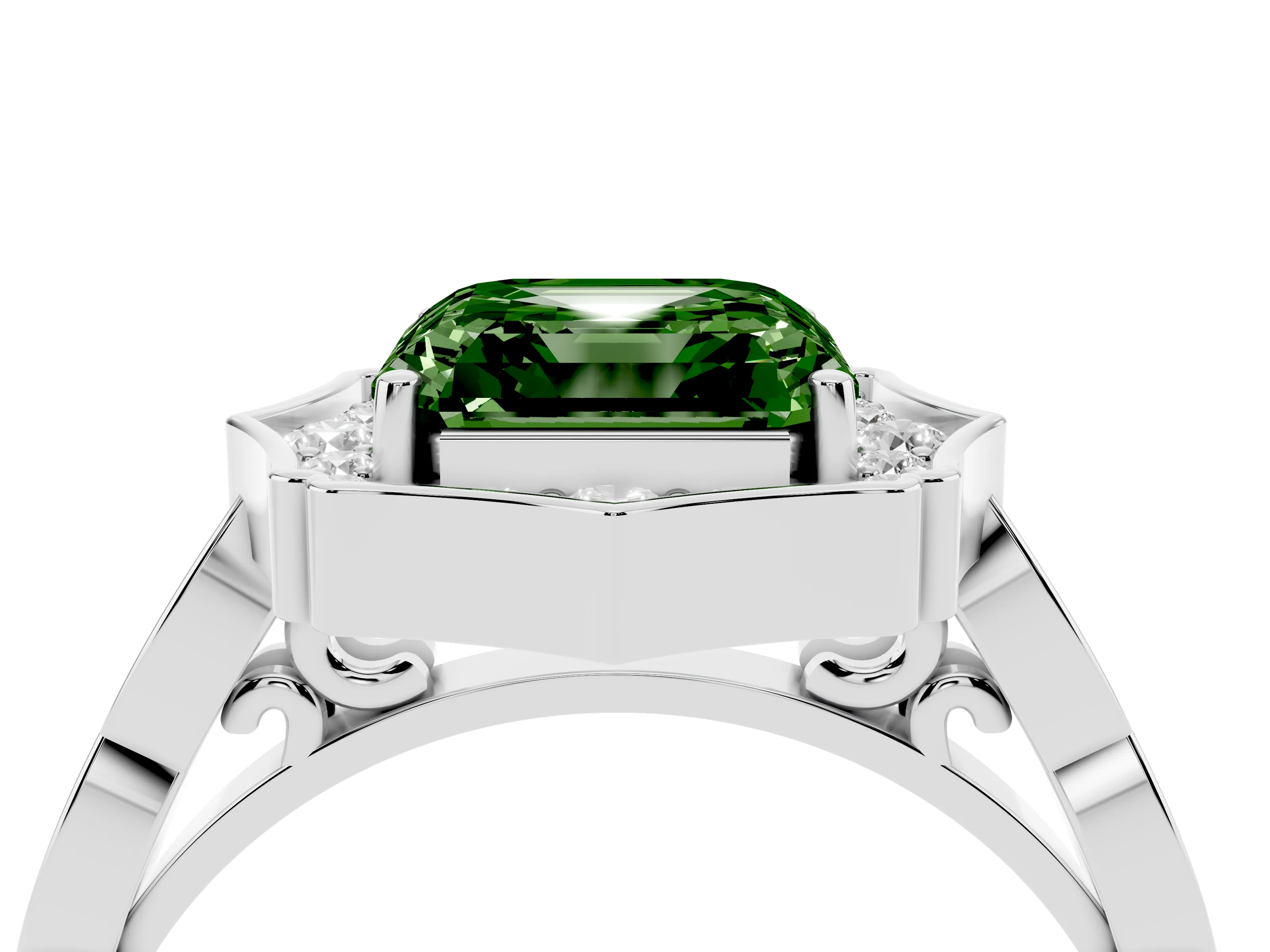Fancy Green Asscher Cut Diamond Halo Engagement Ring Set in White gold with Milgrain Band and Prong Setting