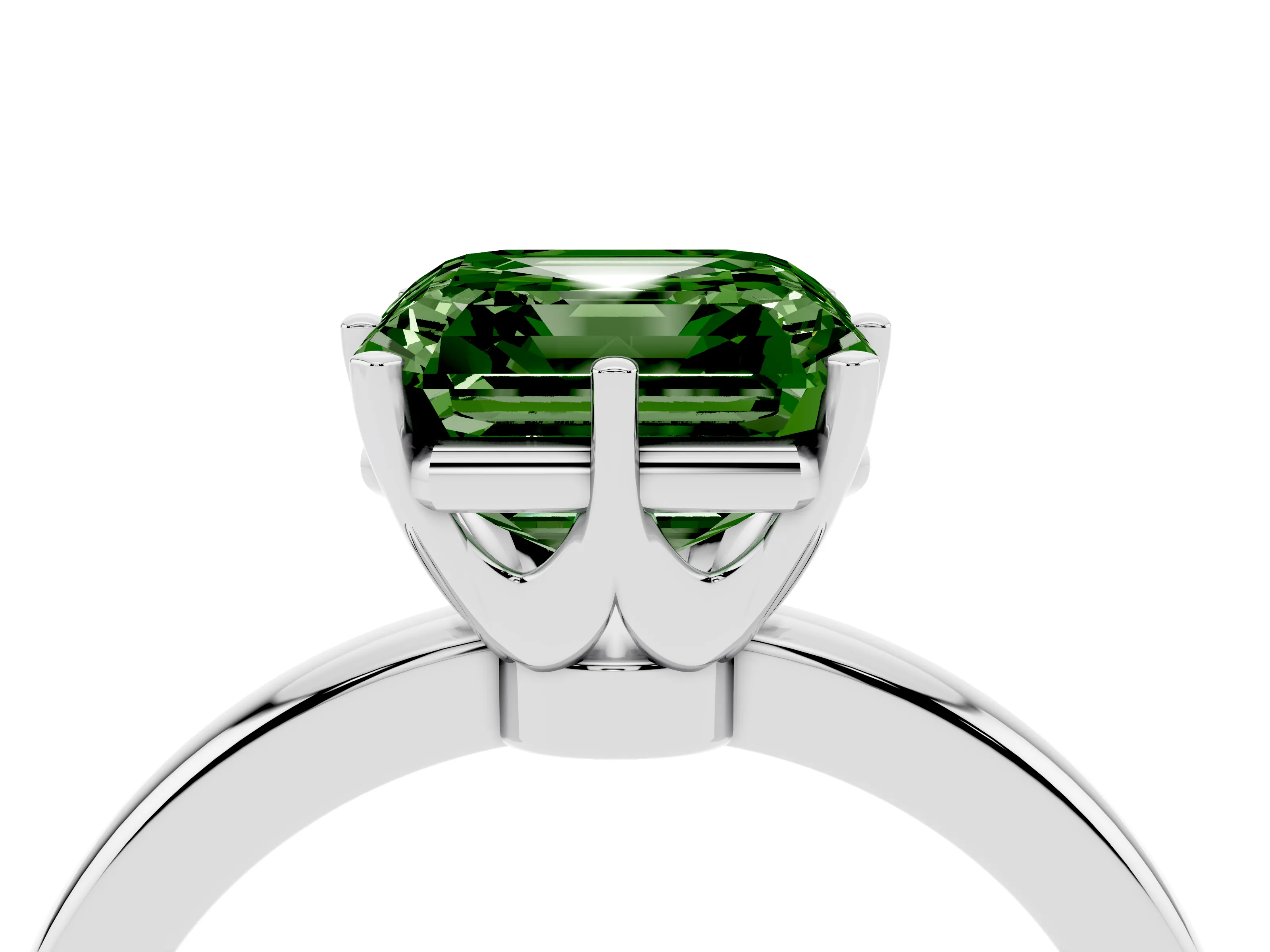 Fancy Green Asscher Cut Diamond Solitaire Ring Set in White gold with Raised Prong Setting on a Classic Band