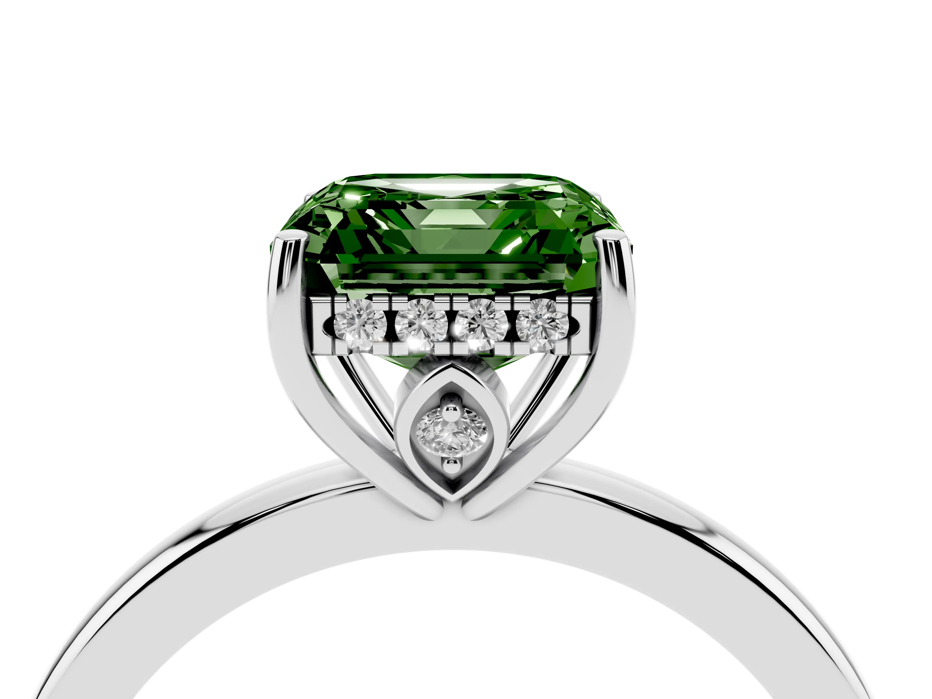 Fancy Green Asscher Cut Diamond Solitaire Ring Set in Platinum with Plain Band and Prong Setting