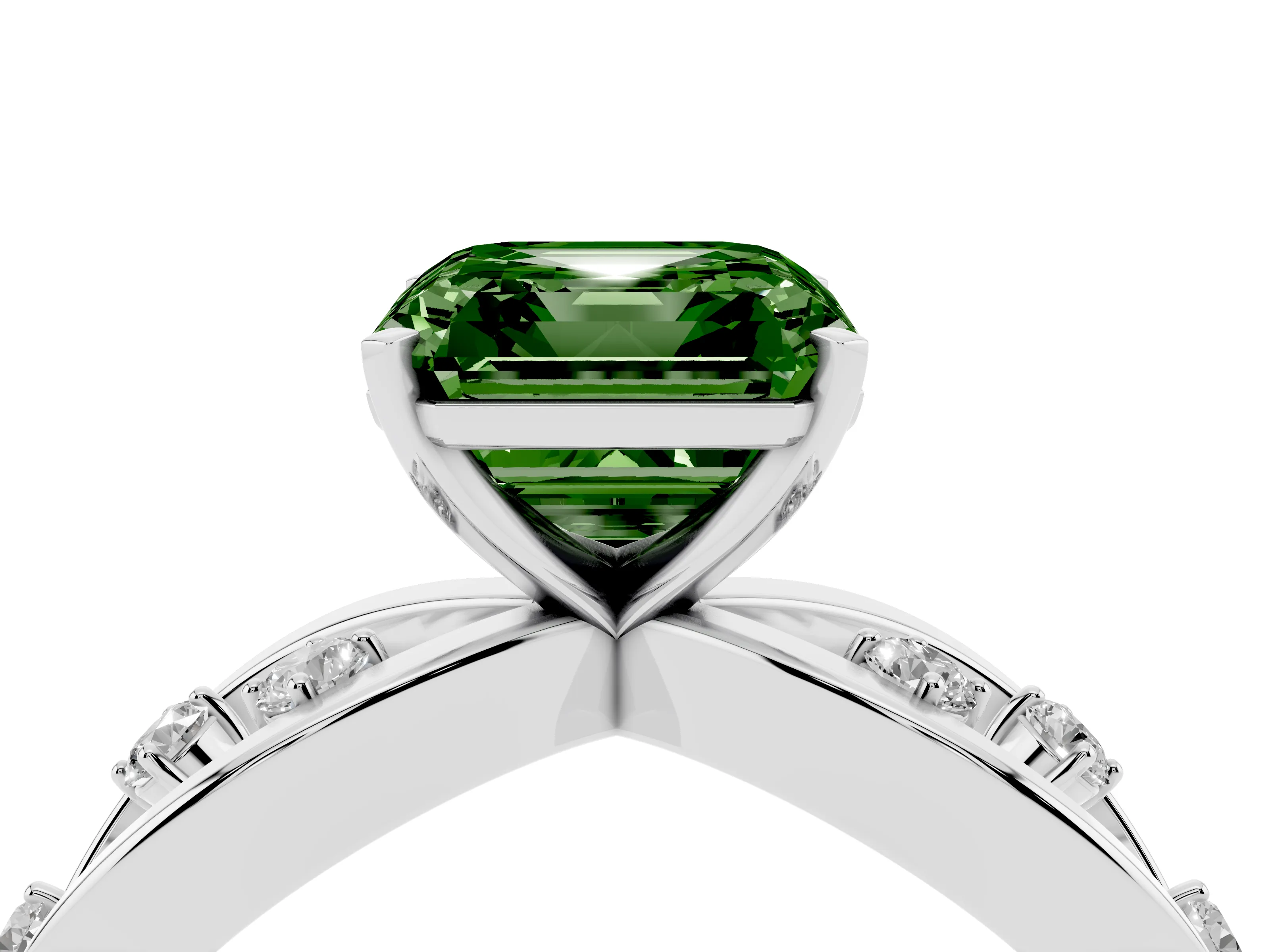 Fancy Green Asscher Cut Diamond Solitaire Ring Set in Silver with Side Stones on Criss-Cross Band and Prong Setting