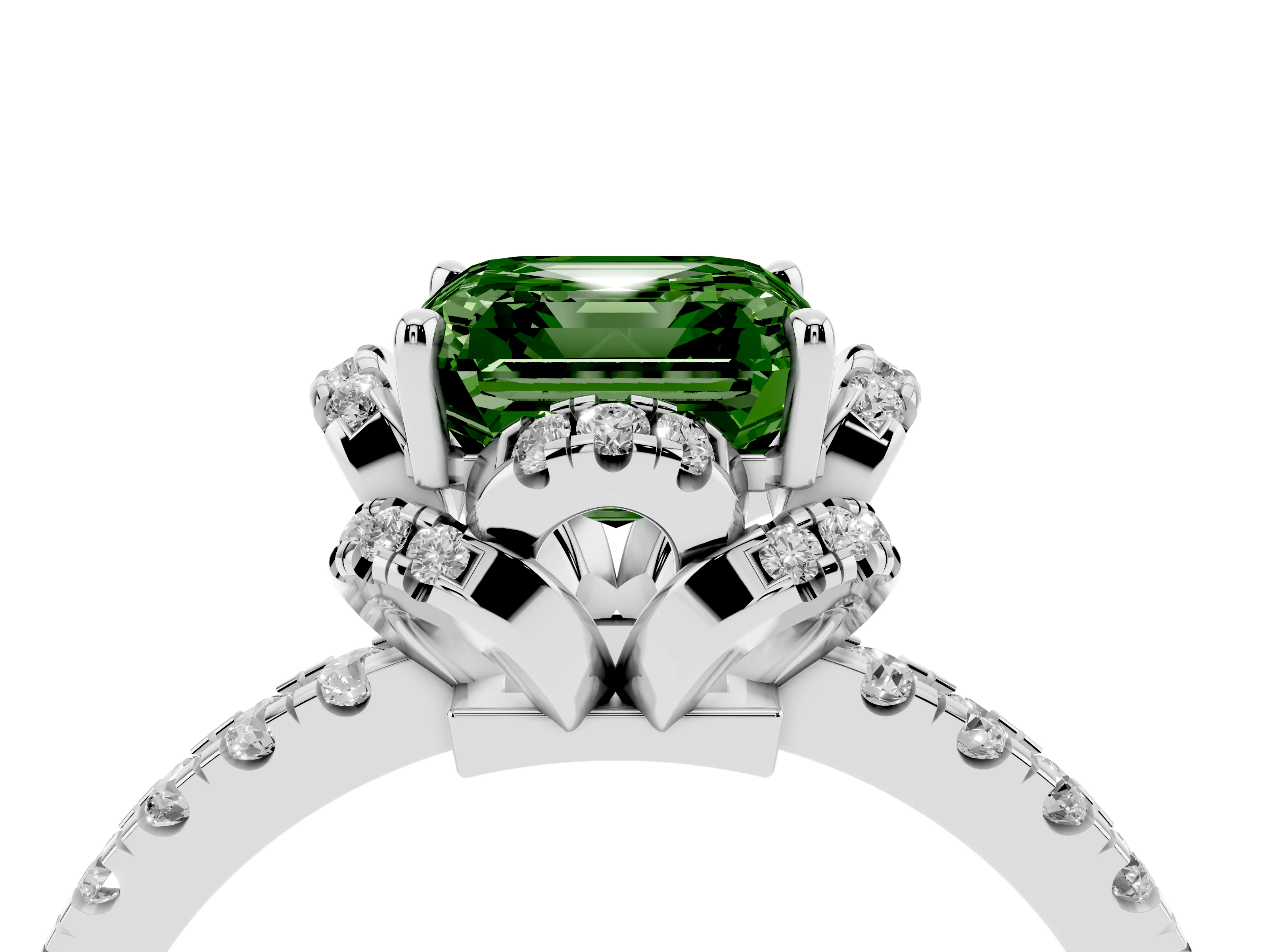 Fancy Green Asscher Cut Diamond Halo Pavé Band Ring Set in Platinum with Prong-Held Center