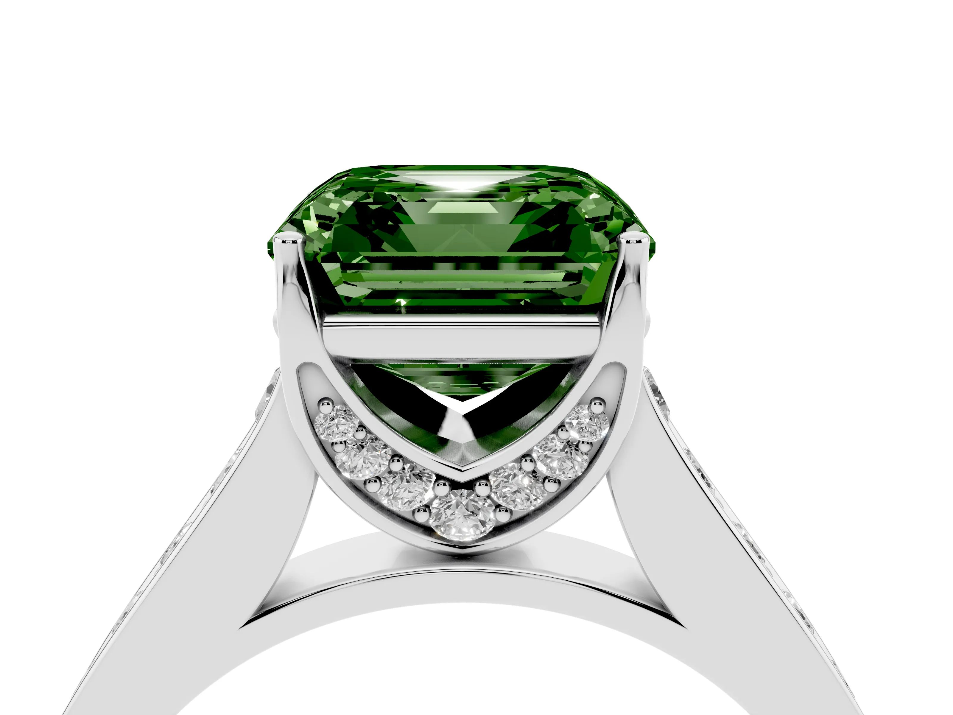 Fancy Green Asscher Cut Diamond Solitaire Pavé Engagement Ring Set in White gold with Prong Setting