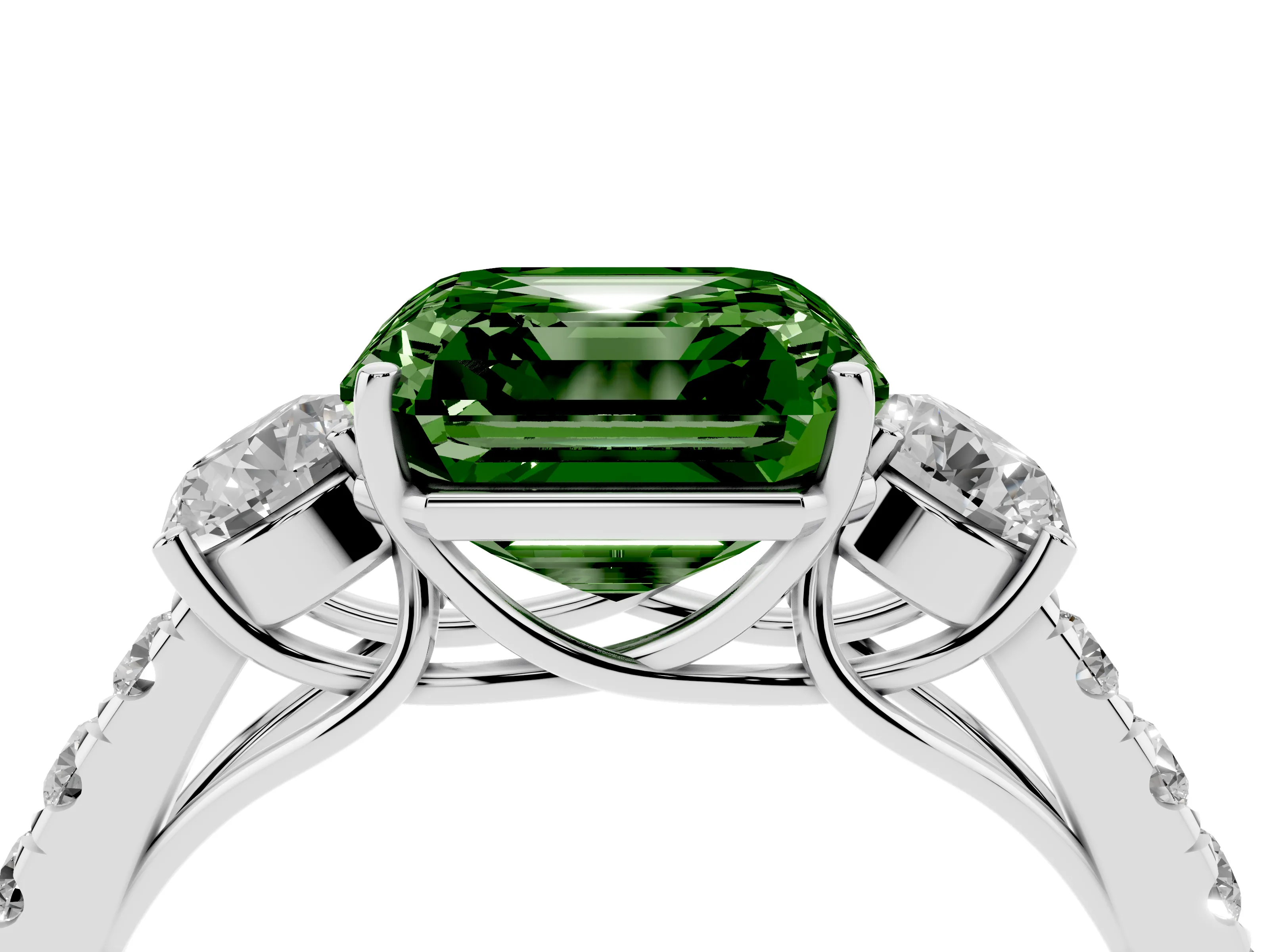 Fancy Green Asscher Cut Diamond Three-Stone Ring Set in Silver with Round Side Stones and Delicate Pavé Band