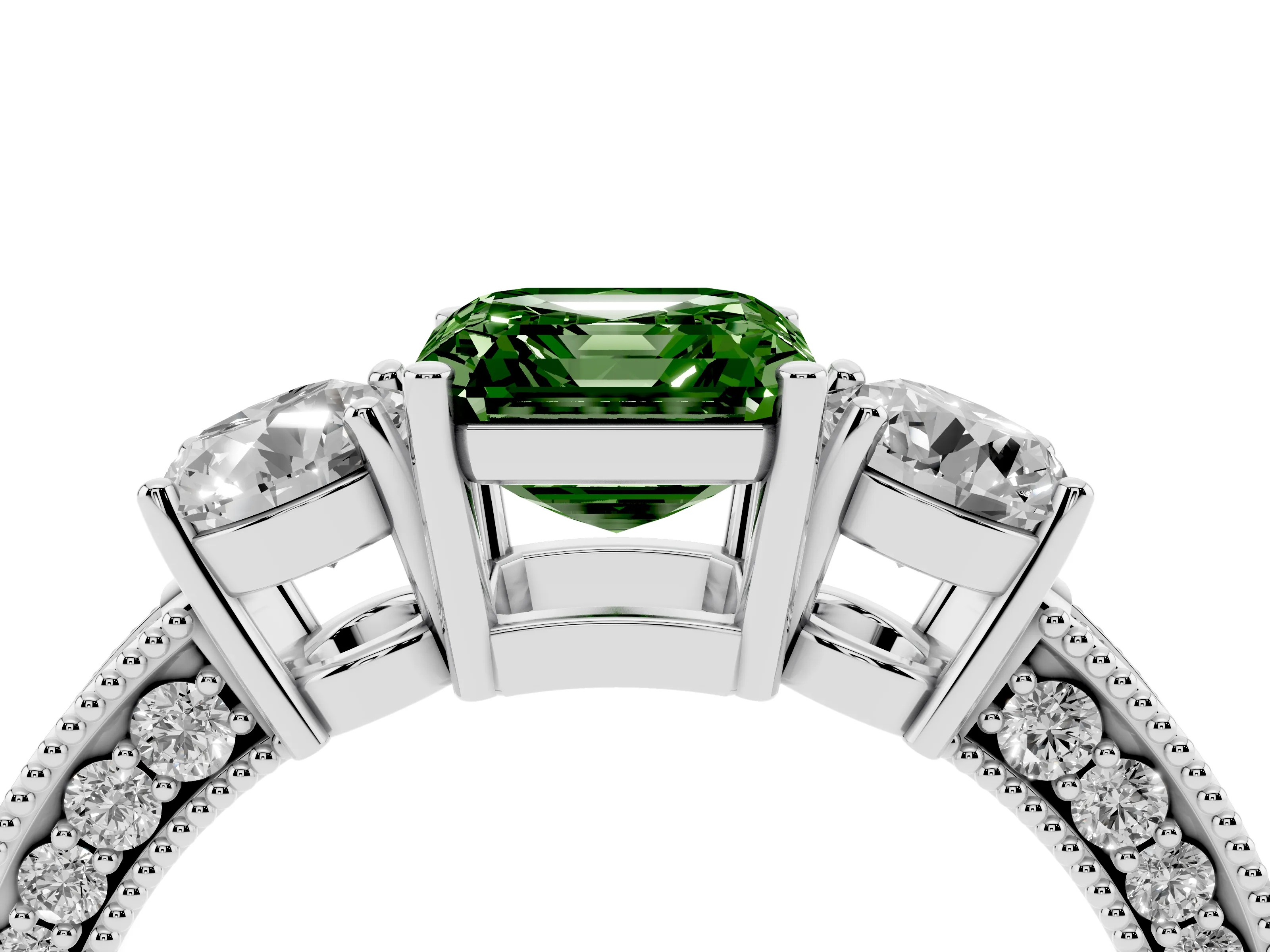 Fancy Green Asscher Cut Diamond Three-Stone Ring Set in White gold with Round Side Stones and Pavé Band