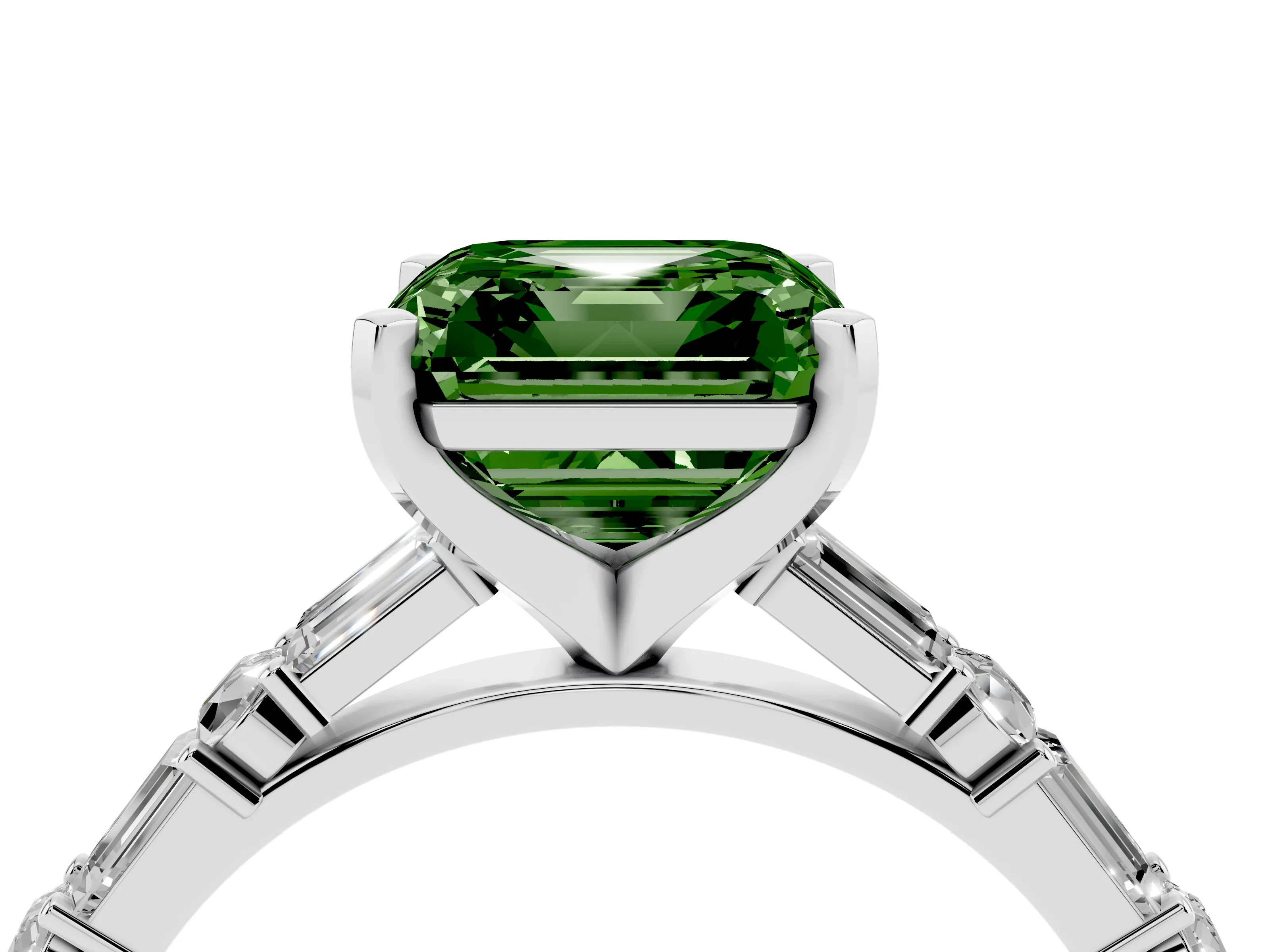 Fancy Green Asscher Cut Diamond Solitaire Set in White gold with Side Baguettes and Channel Set Band