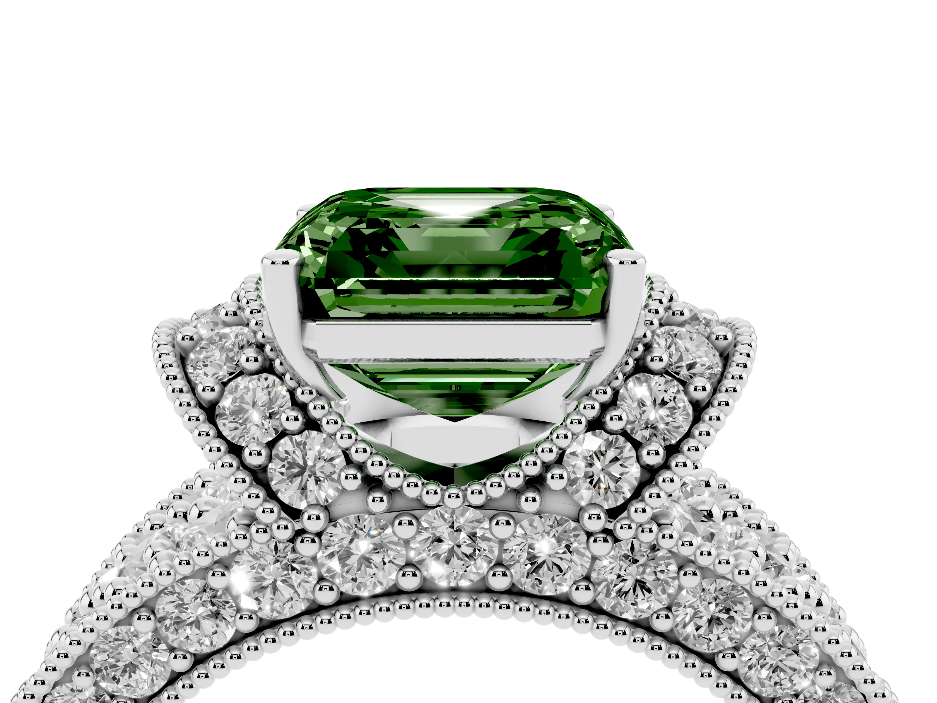 Fancy Green Asscher Cut Diamond Milgrain Halo Pavé Engagement Ring Set in Platinum with Prong Setting