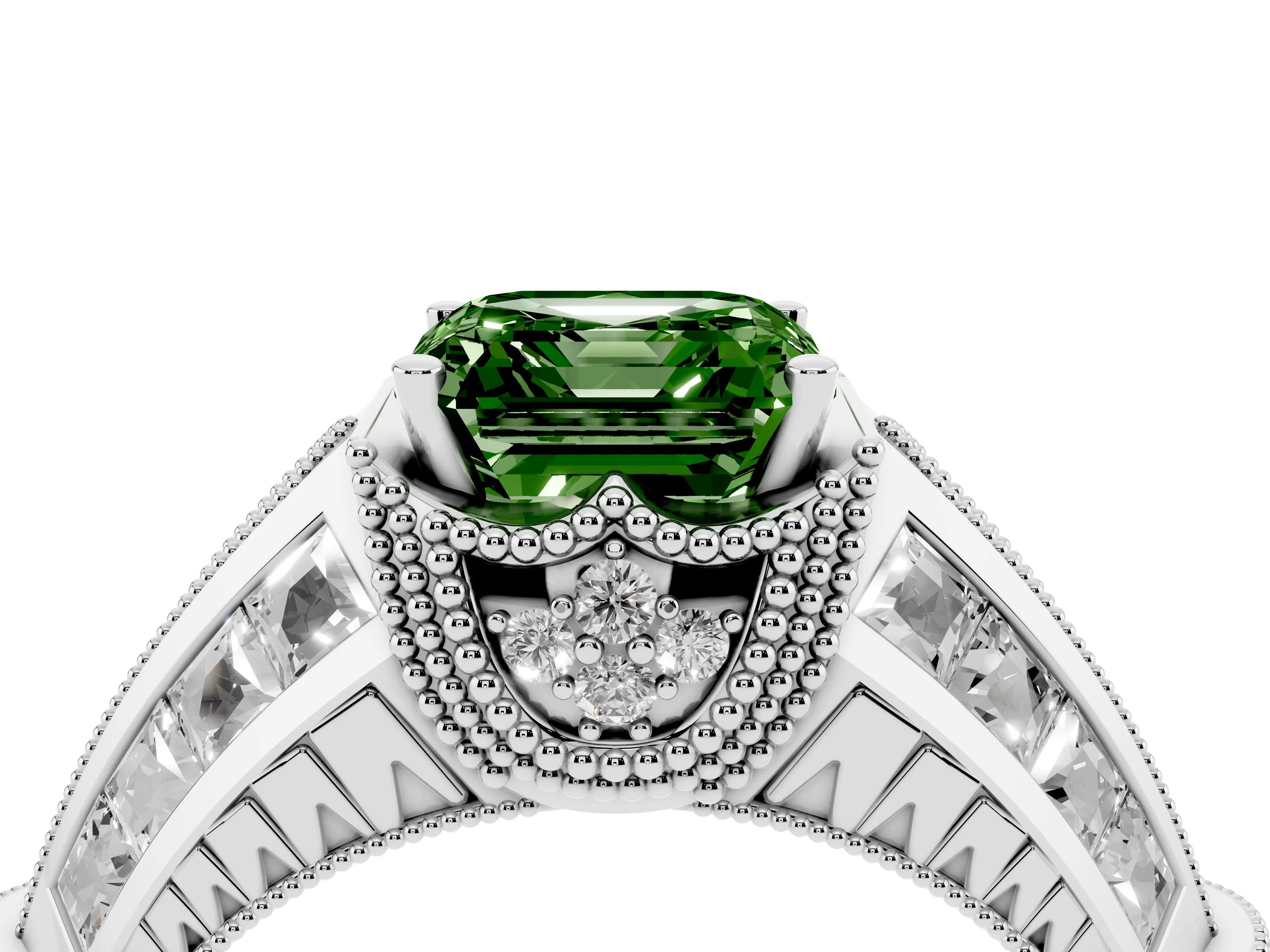 Fancy Green Asscher Cut Diamond Vintage-Inspired Milgrain Ring Set in Platinum with Accent Split Shank