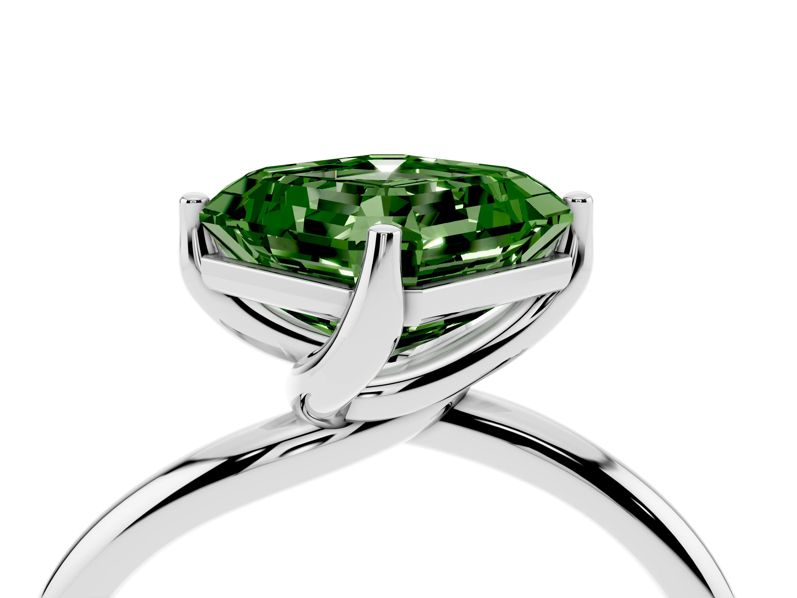 Fancy Green Asscher Cut Diamond Solitaire Engagement Ring Set in White gold with Classic Plain Band