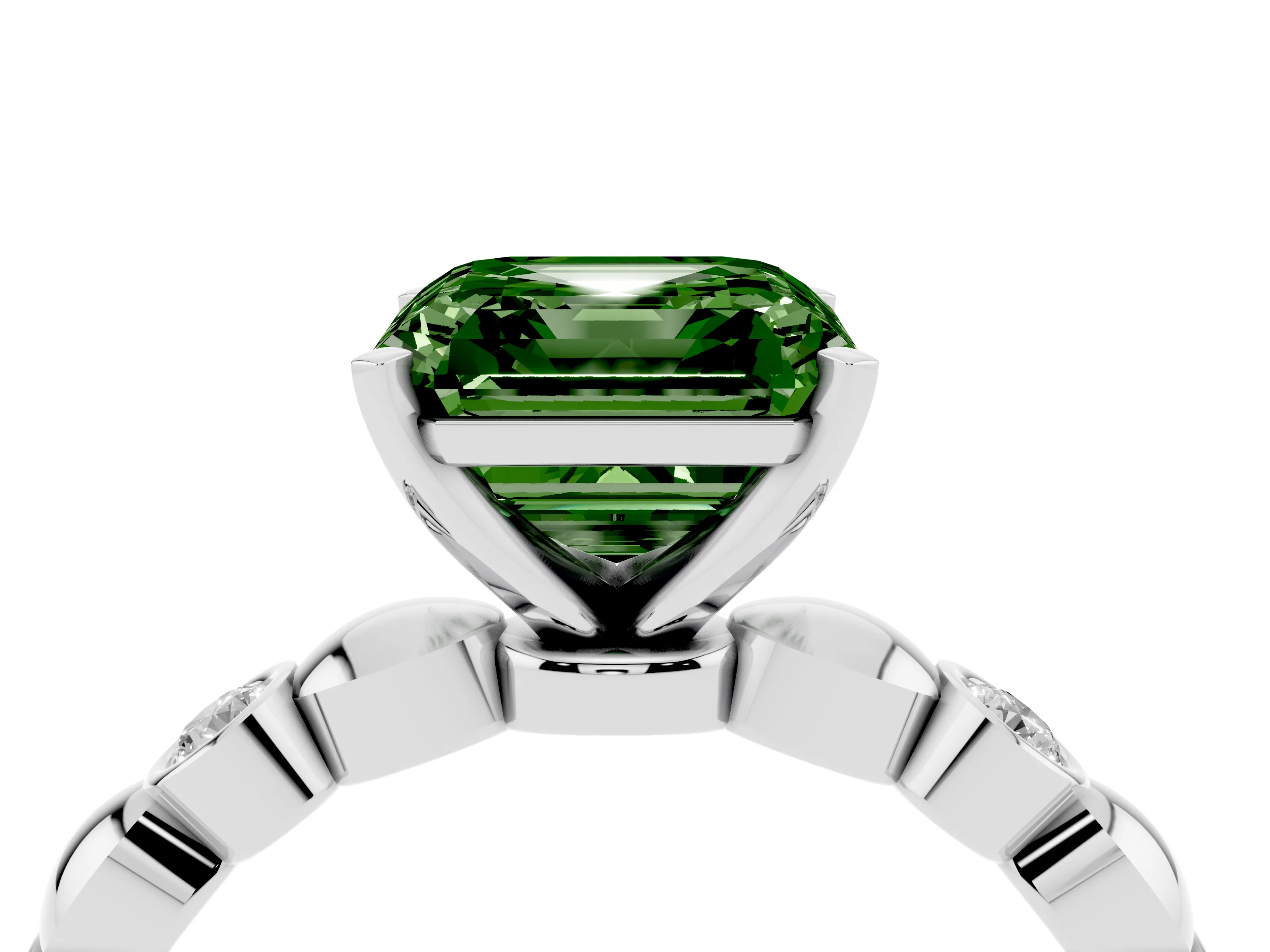 Fancy Green Asscher Cut Diamond Solitaire Ring Set in Platinum with Bezel-Set Accents on Beaded Band and Prong Setting