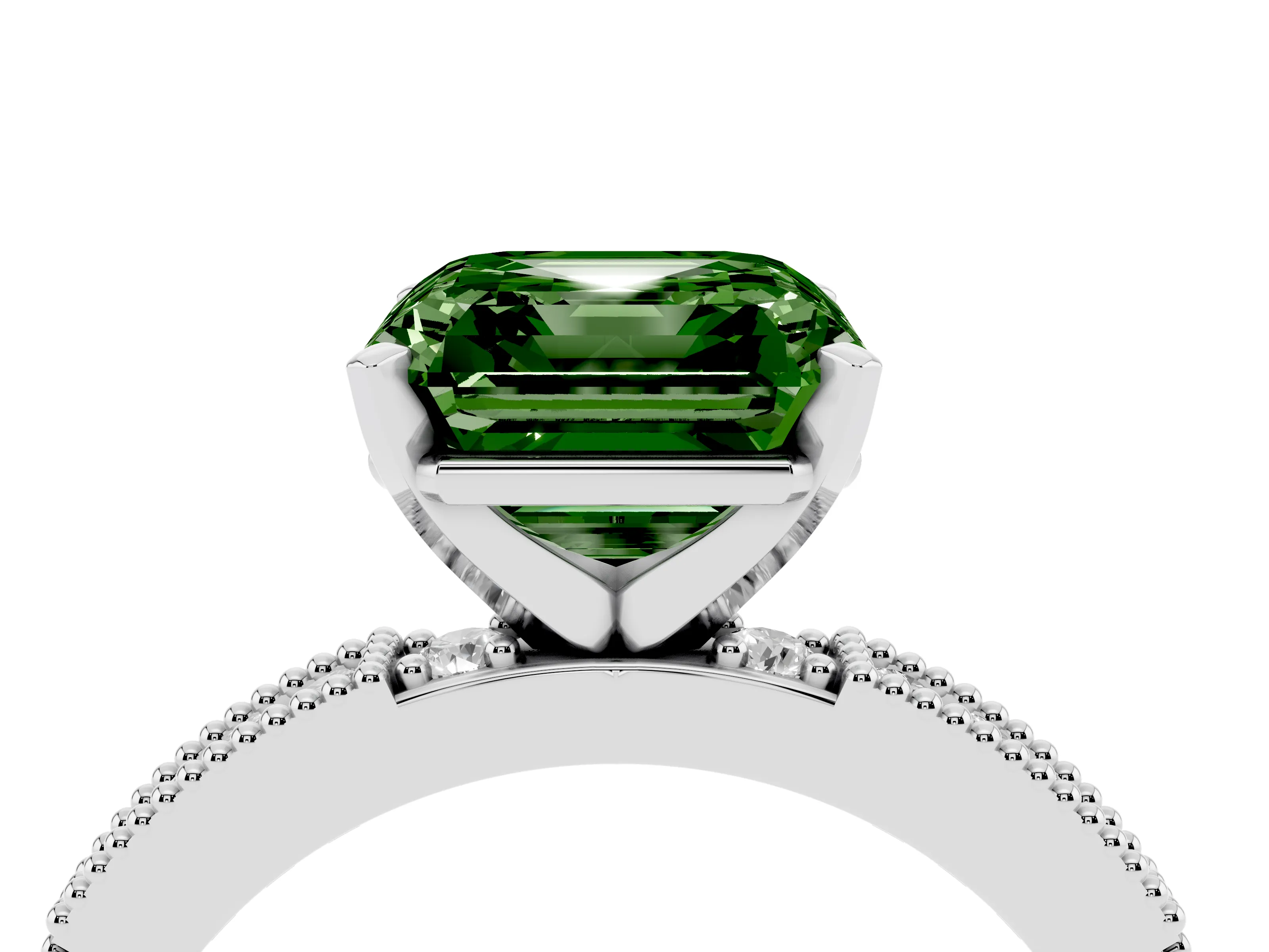 Fancy Green Asscher Cut Diamond Solitaire Ring Set in Platinum with Slim Pavé Band and Prong Setting