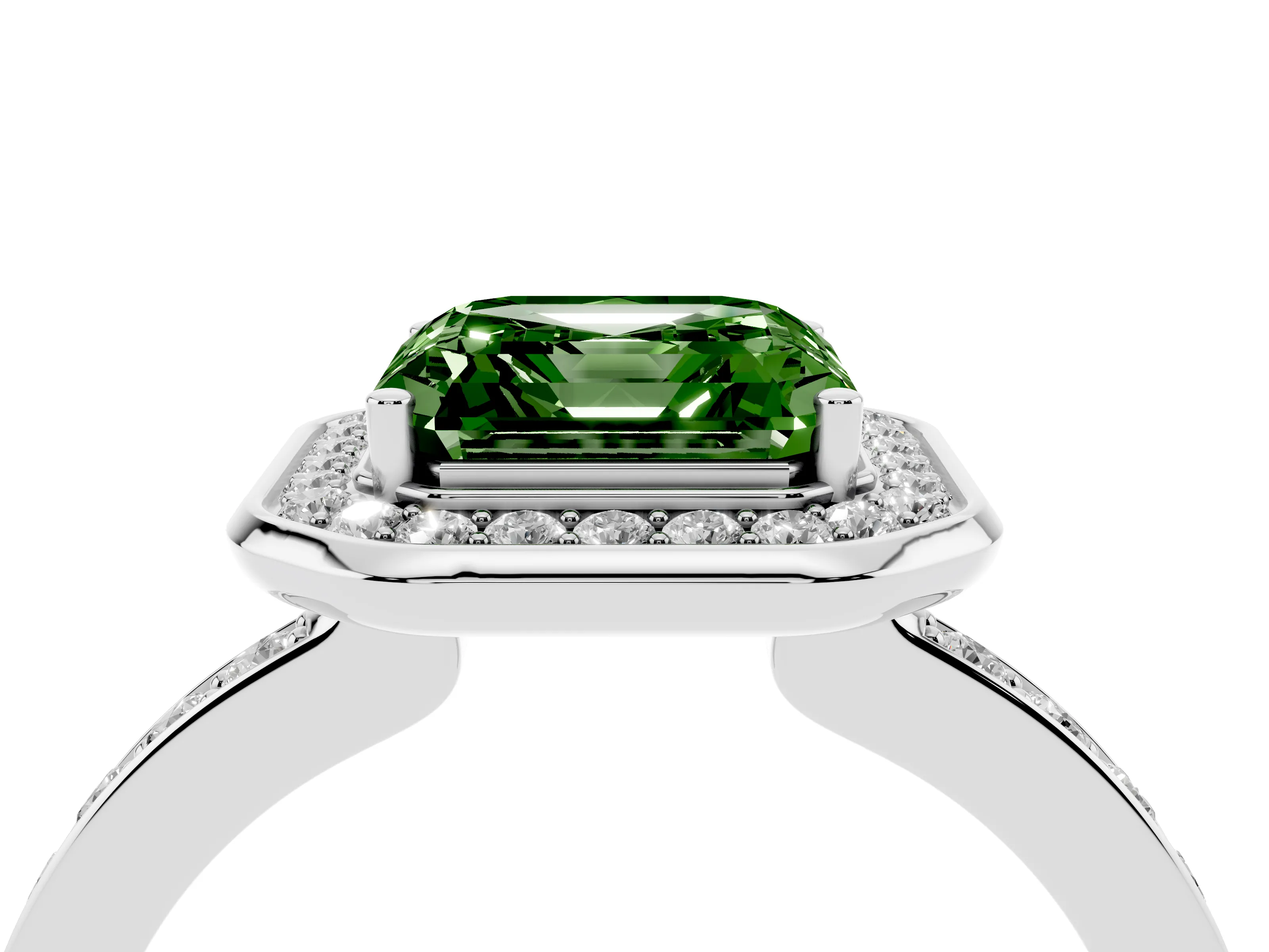 Fancy Green Asscher Cut Diamond Halo Ring Set in Platinum with Bezel Frame and Pavé Band