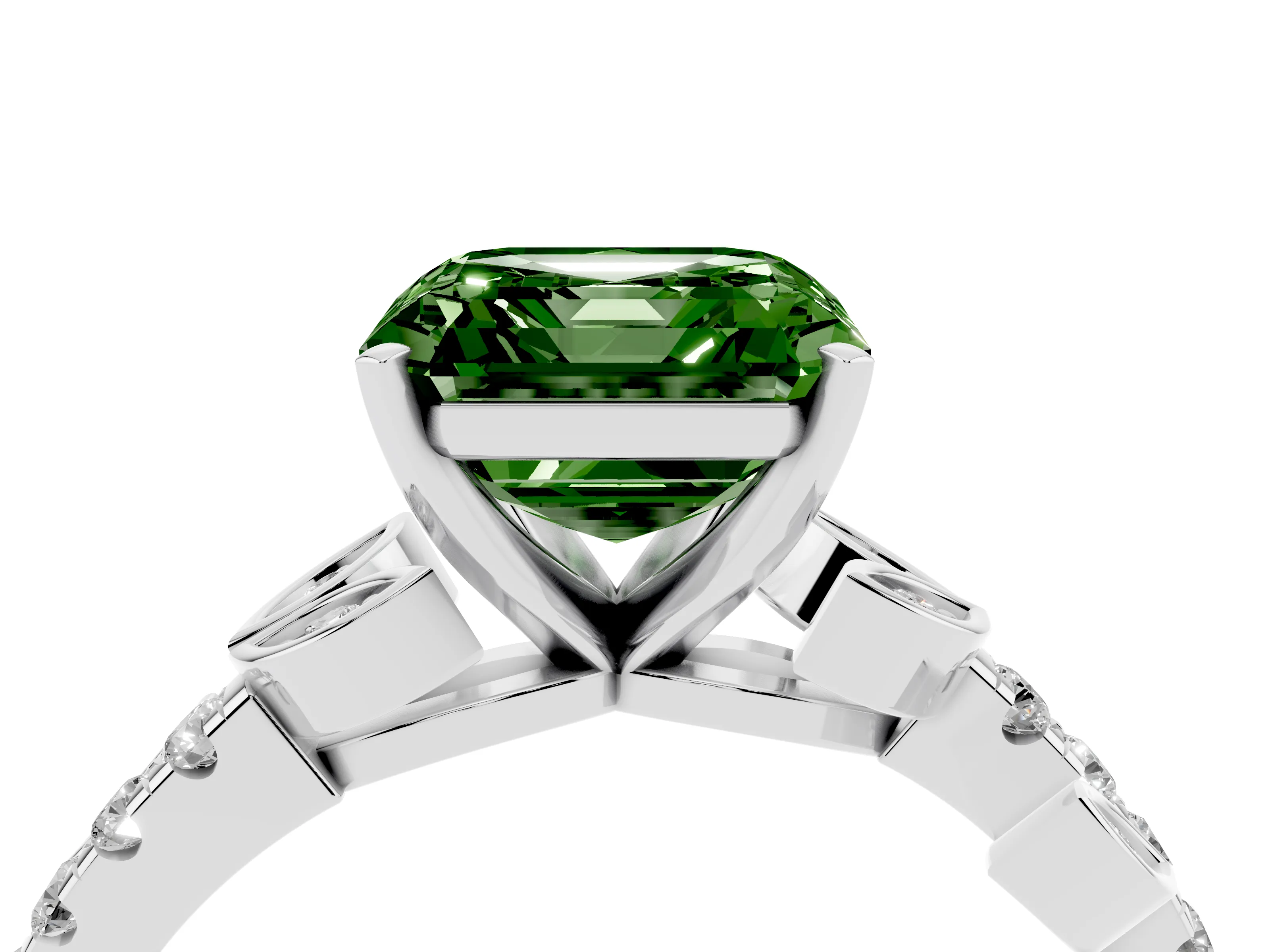 Fancy Green Asscher Cut Diamond Solitaire Leaf-Inspired Ring Set in White gold with Pavé Band and Prong Setting