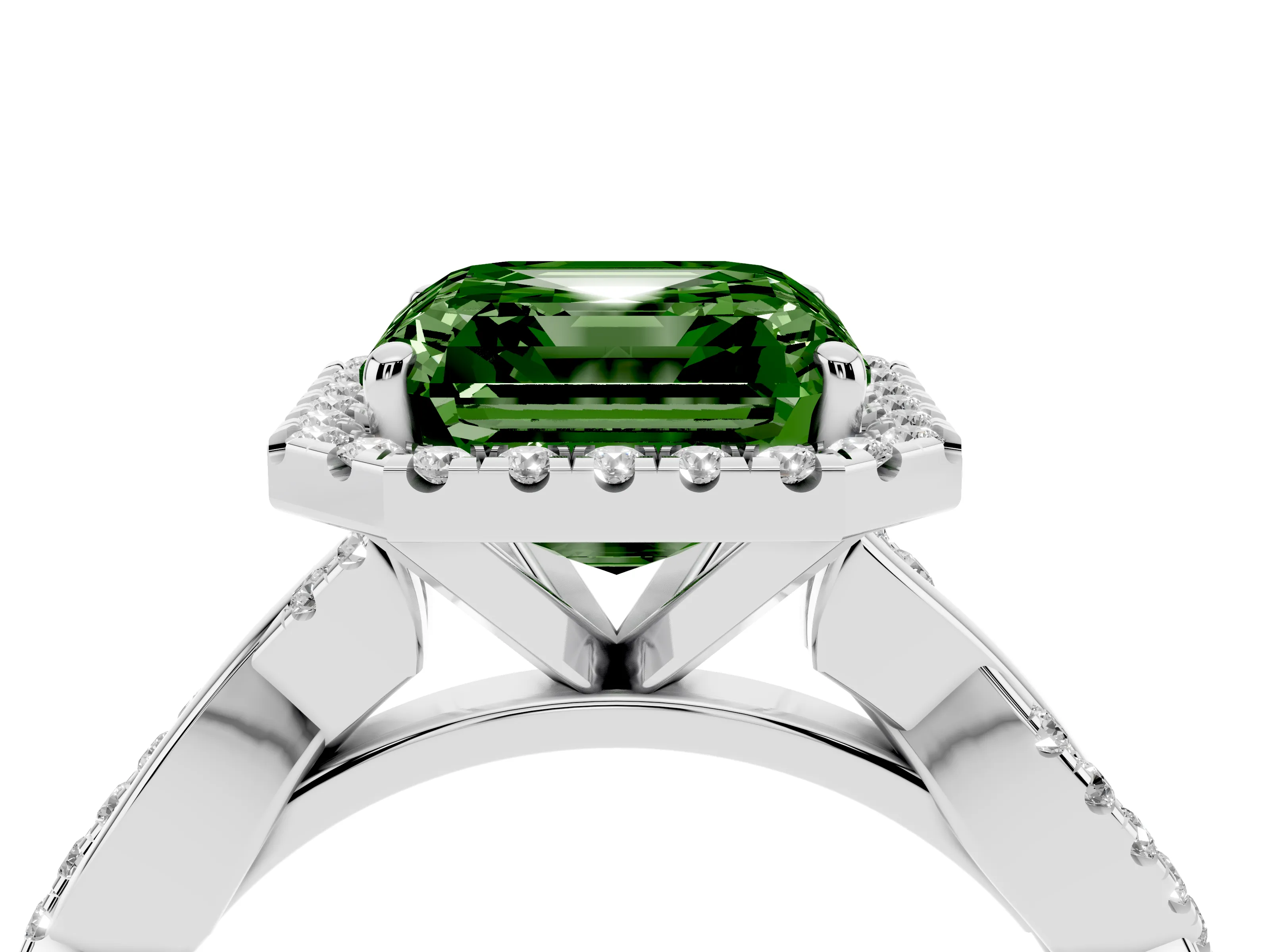 Fancy Green Asscher Cut Diamond Halo Twisted Band Ring Set in White gold with Prong Setting