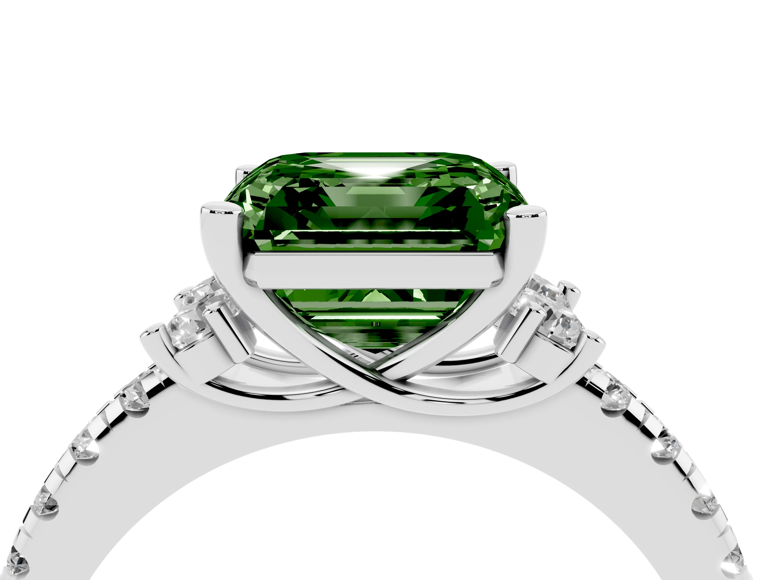 Fancy Green Asscher Cut Diamond Three-Stone Pavé Ring Set in Platinum with Prong Setting