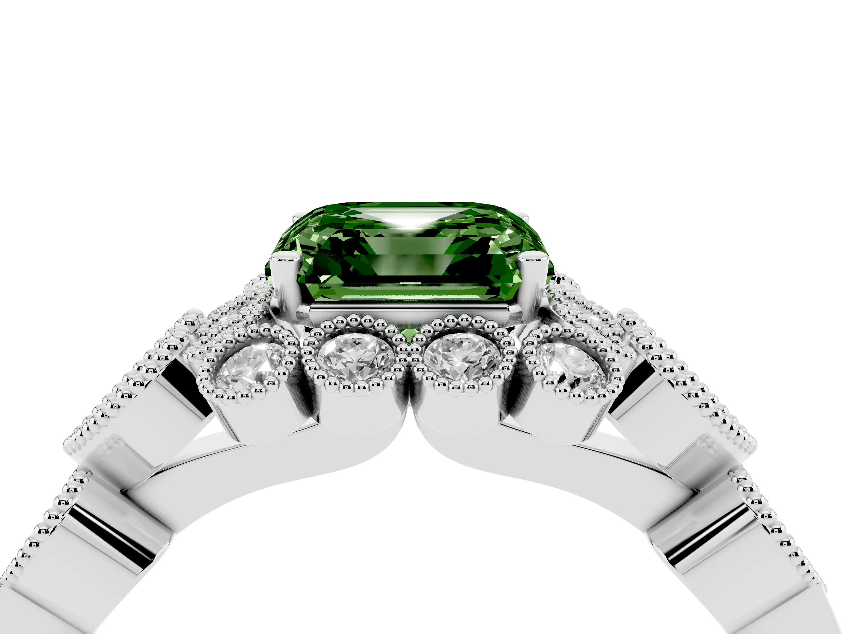 Fancy Green Asscher Cut Diamond Solitaire Ring Set in Platinum with Milgrain Pavé Heart Band