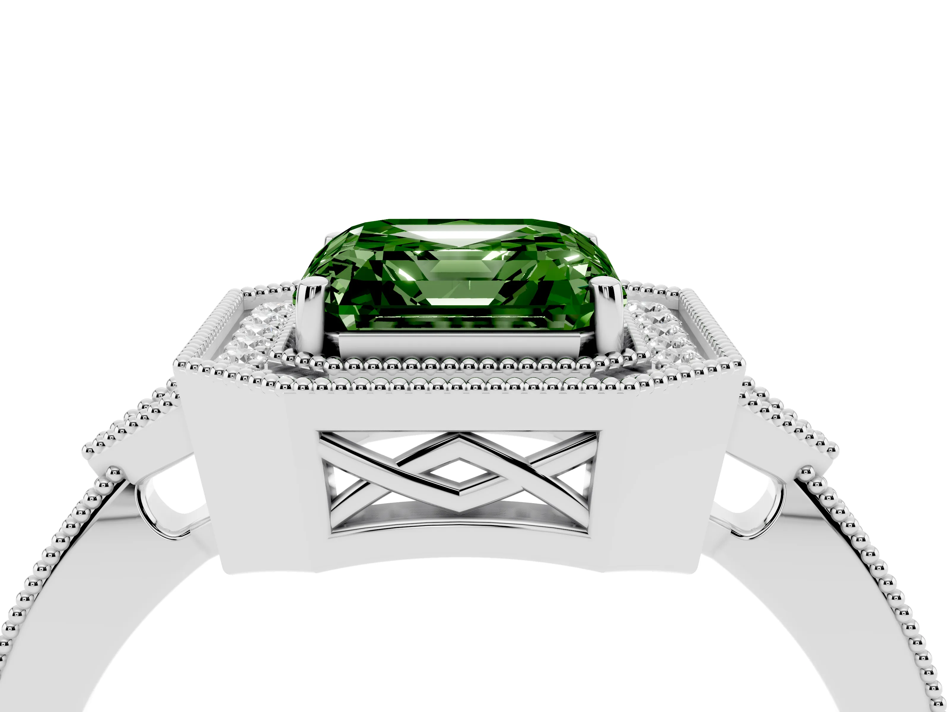 Fancy Green Asscher Cut Diamond Halo Engagement Ring Set in White gold with Milgrain Pavé Band