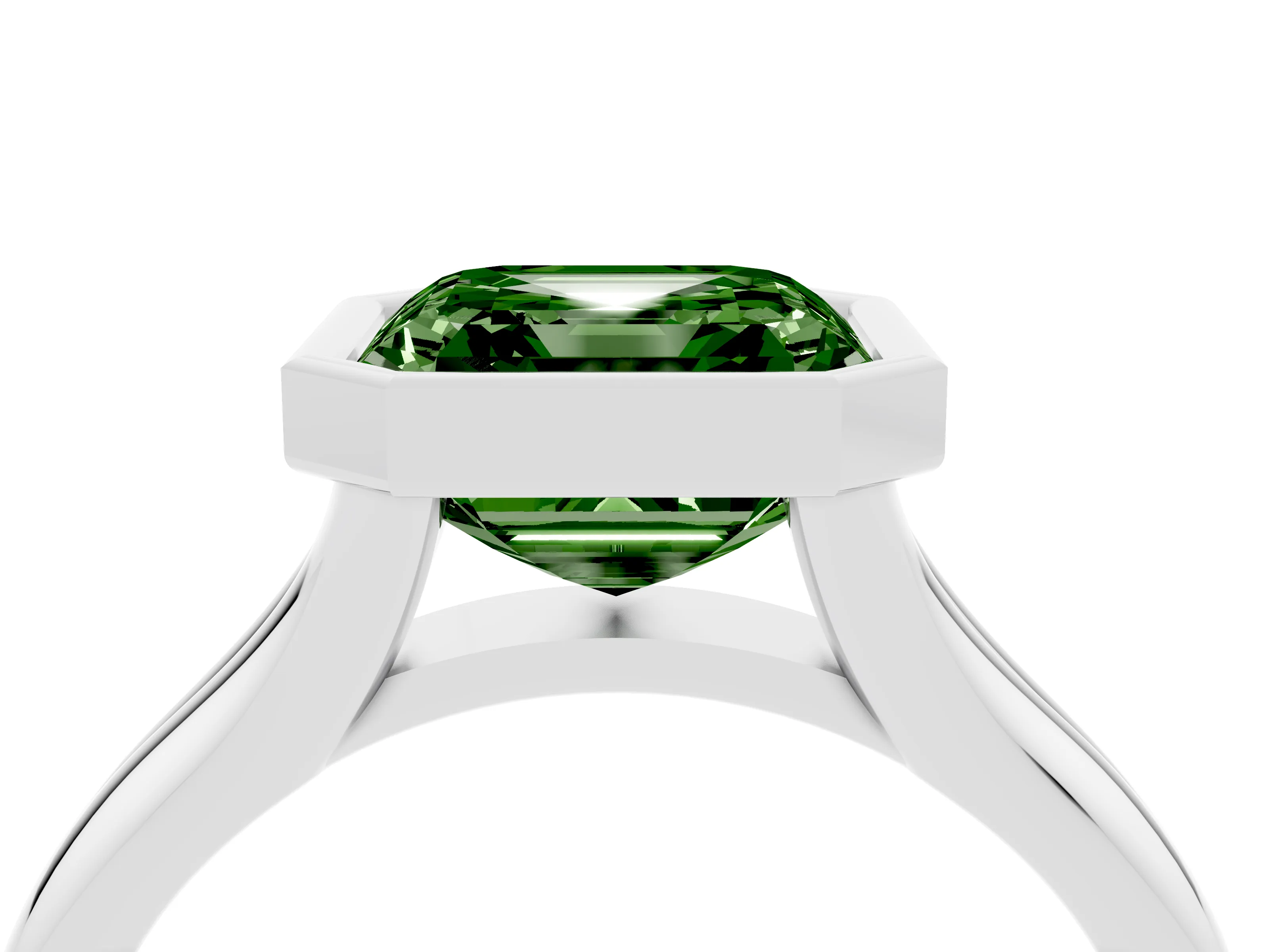 Fancy Green Bezel Set Asscher Cut Diamond Solitaire Ring Set in White gold with Smooth Band