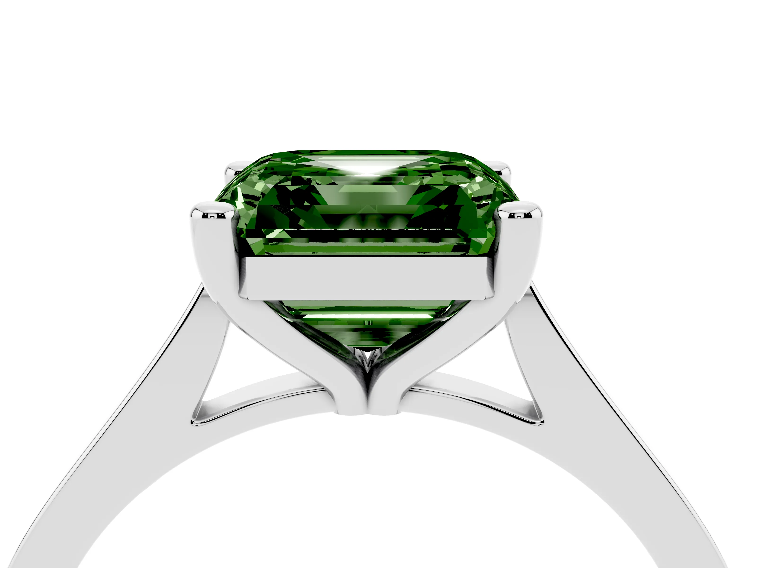 Fancy Green Asscher Cut Diamond Solitaire Ring Set in White gold with Prong Setting and Tapered Band