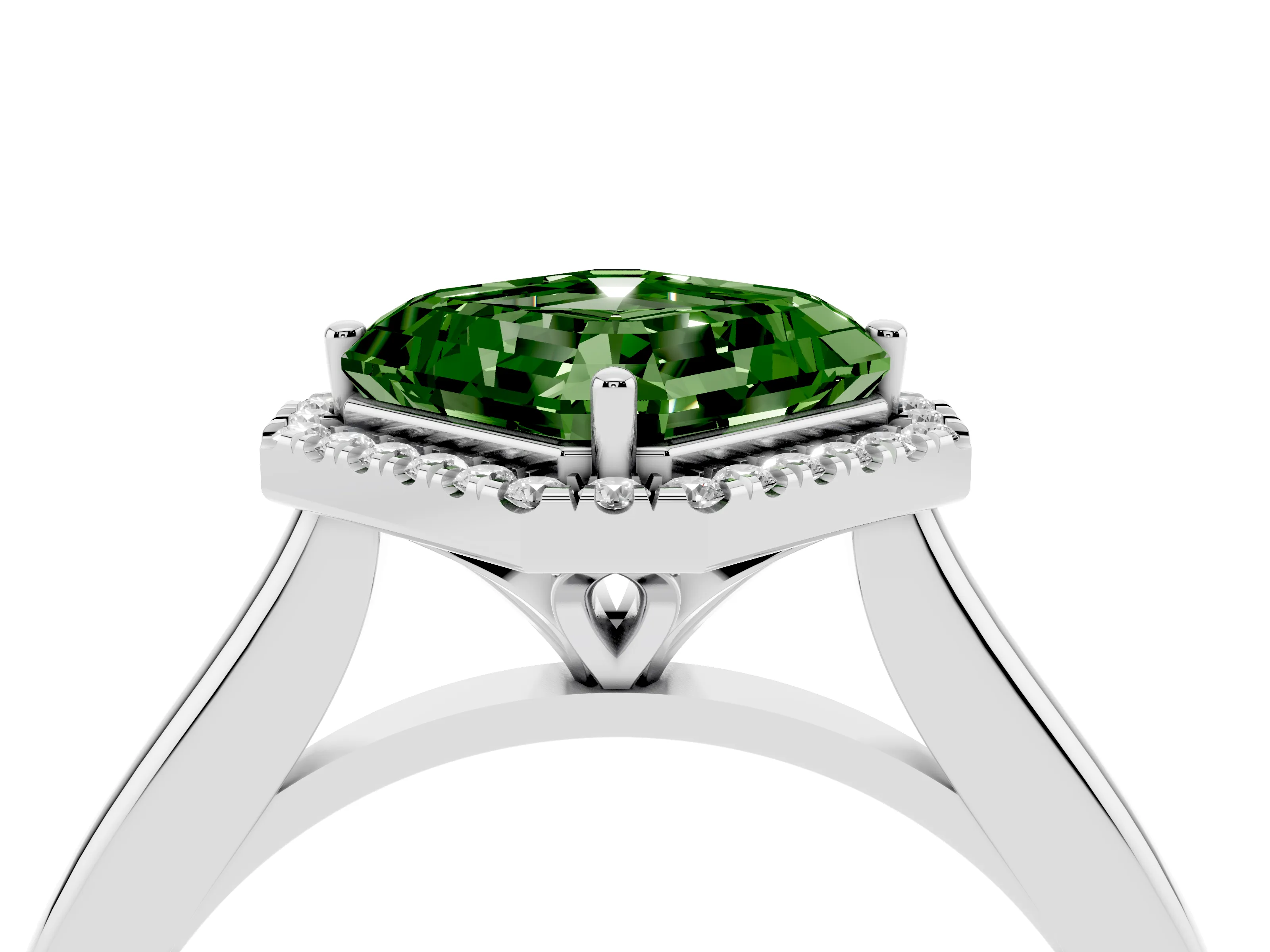 Fancy Green Asscher Cut Diamond Halo Engagement Ring Set in White gold with Pavé Band and Rising Shoulders