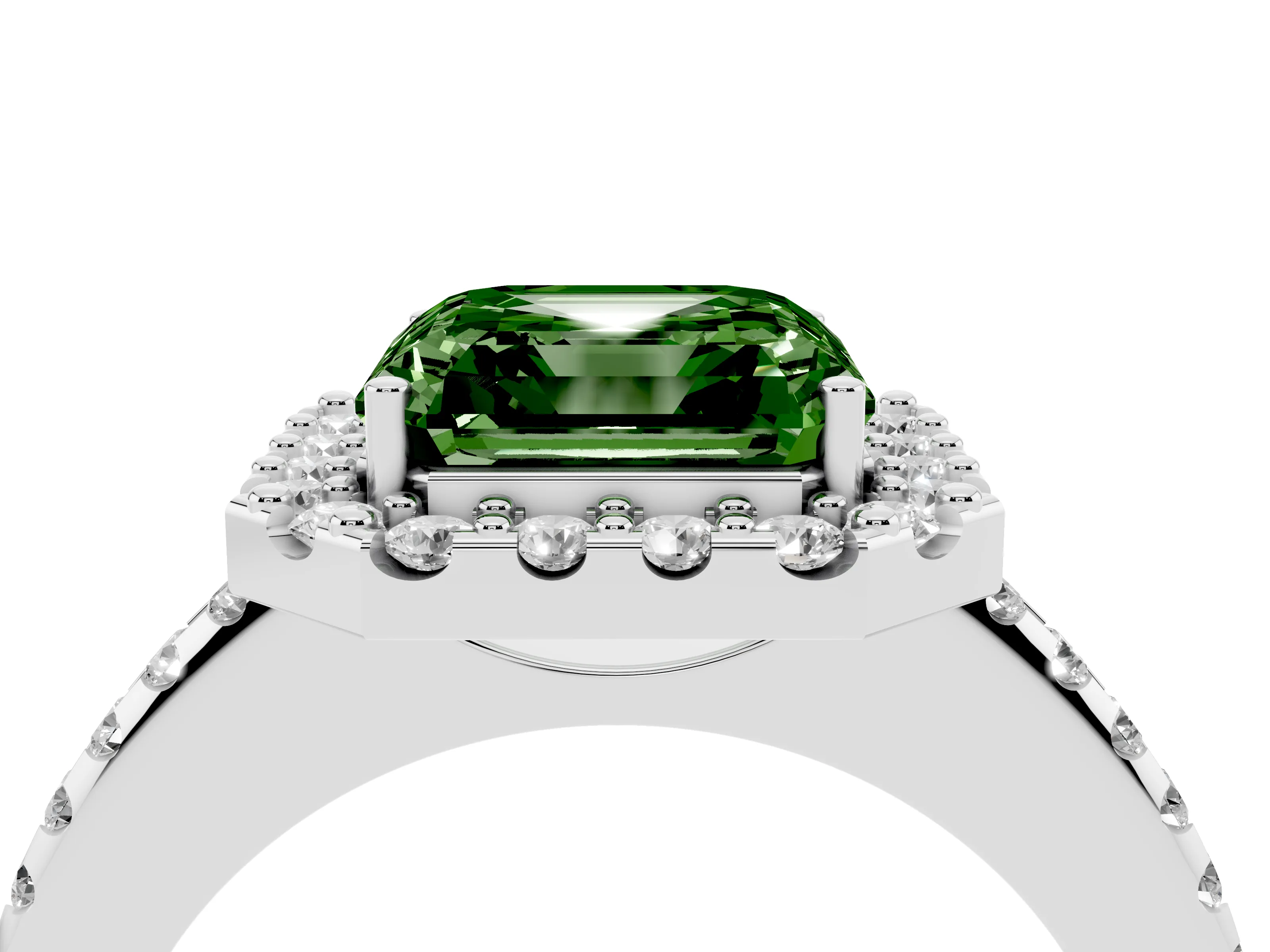 Fancy Green Asscher Cut Diamond Pavé Halo Ring Set in Silver with Prong Setting