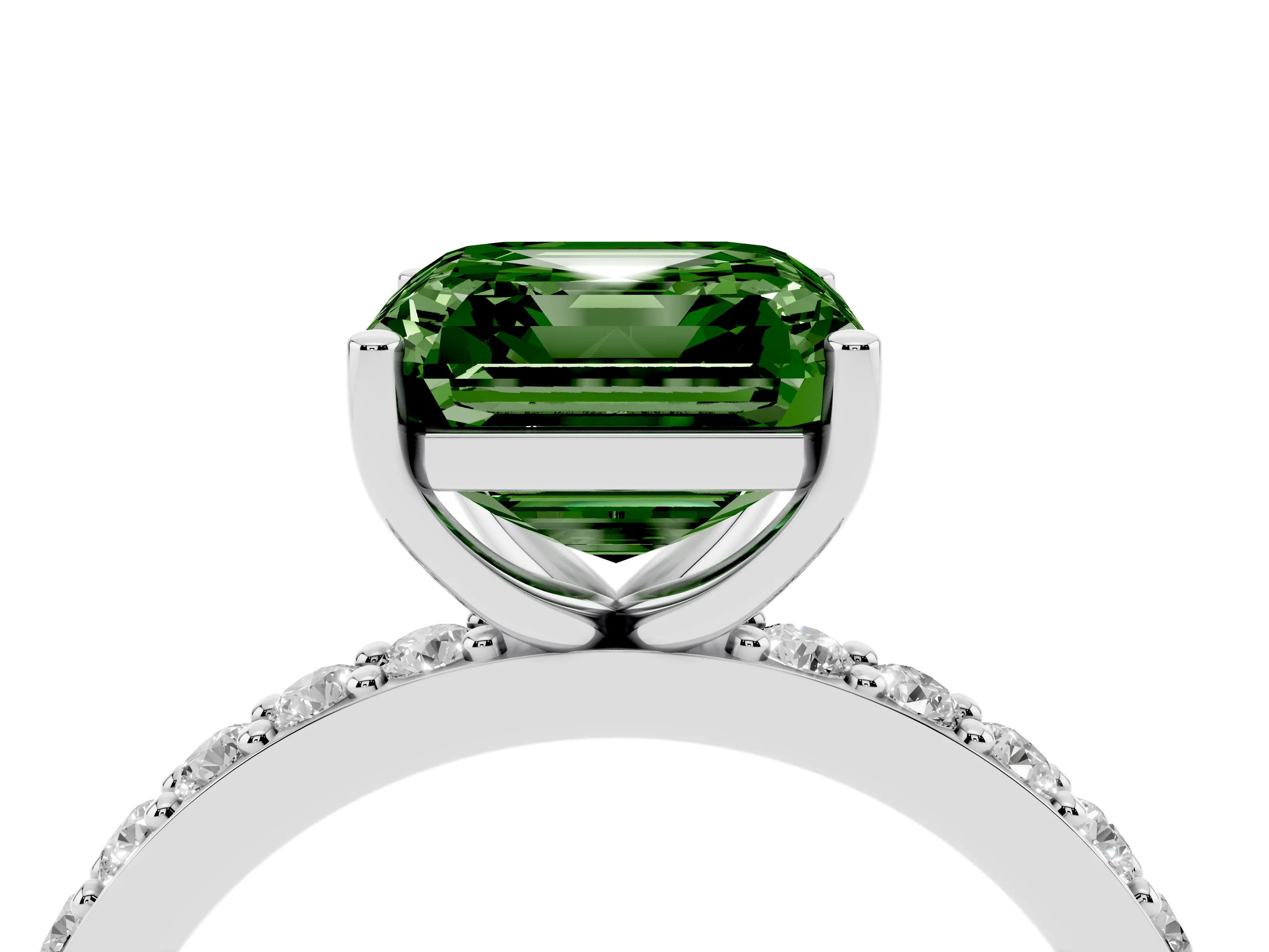 Fancy Green Asscher Cut Diamond Solitaire Set in Silver with Round Pavé Band and Prong Setting