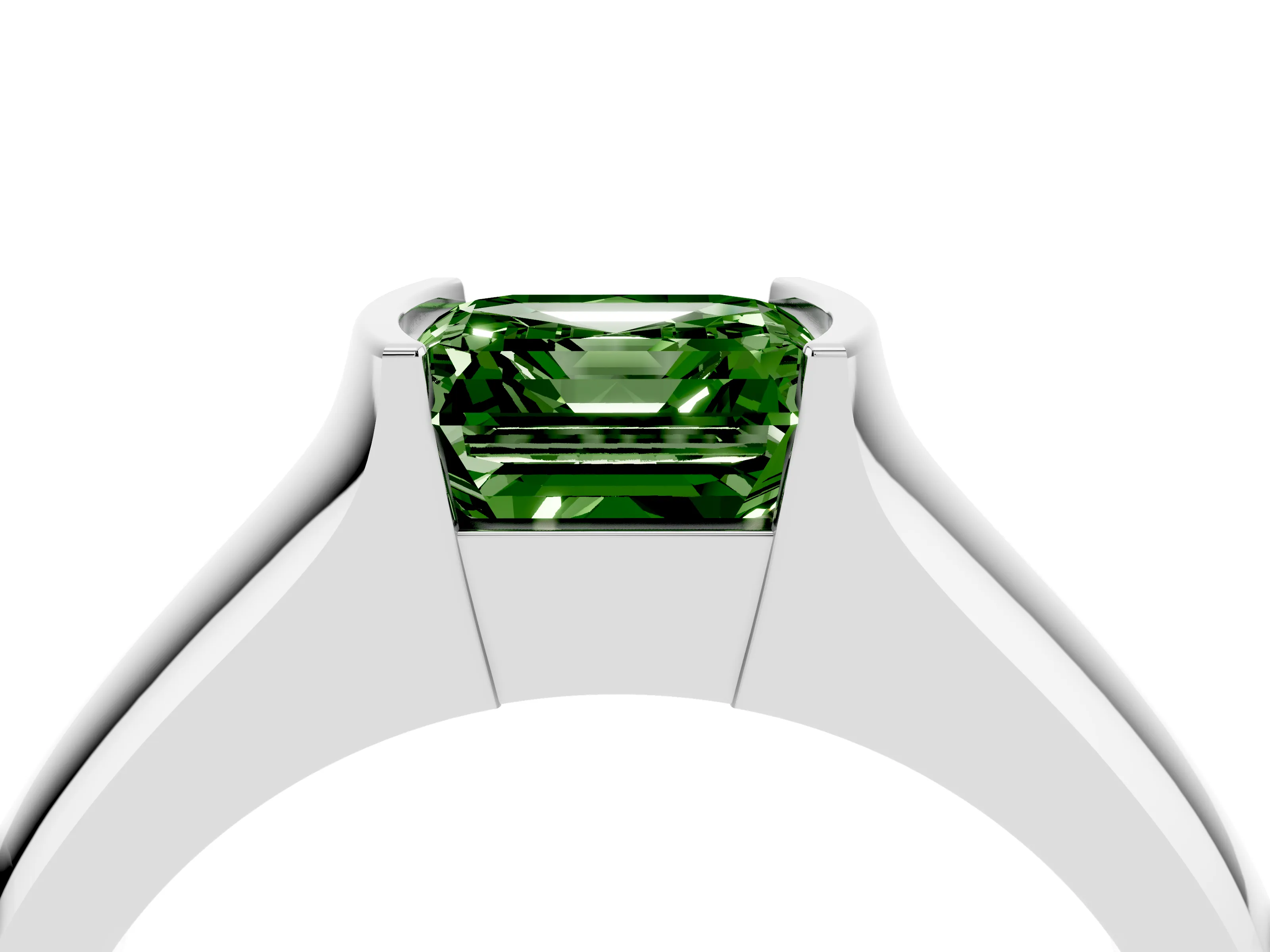 Fancy Green Asscher Cut Diamond Bezel Solitaire Ring Set in White gold with Wide Band