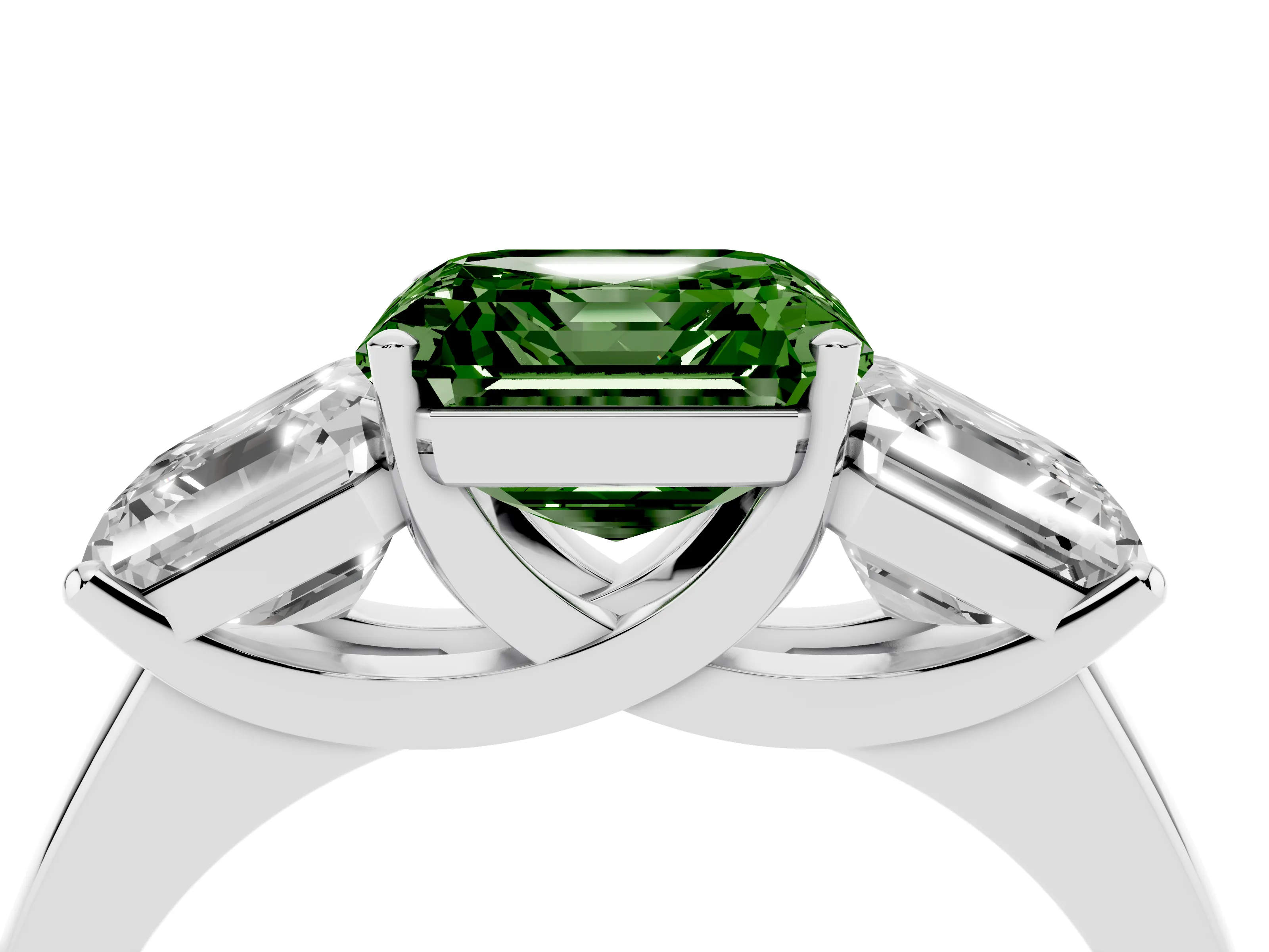 Fancy Green Asscher Cut Diamond Three-Stone Ring Set in Platinum with Classic Prong Setting and Plain Band