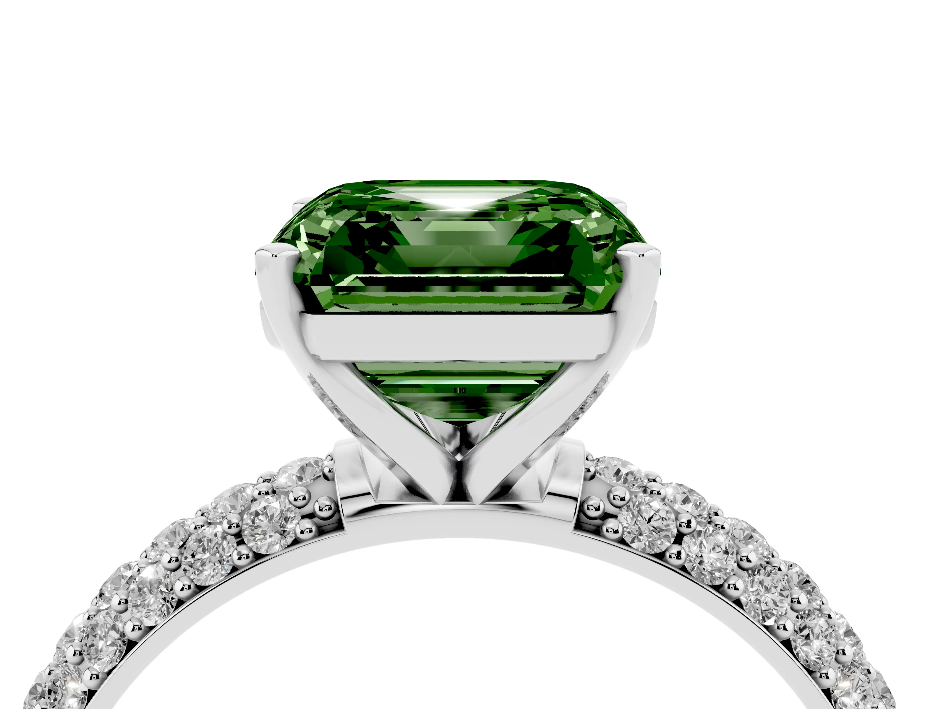 Fancy Green Asscher Cut Diamond Solitaire Ring Set in Silver with Prong Setting and Pavé-Set Band