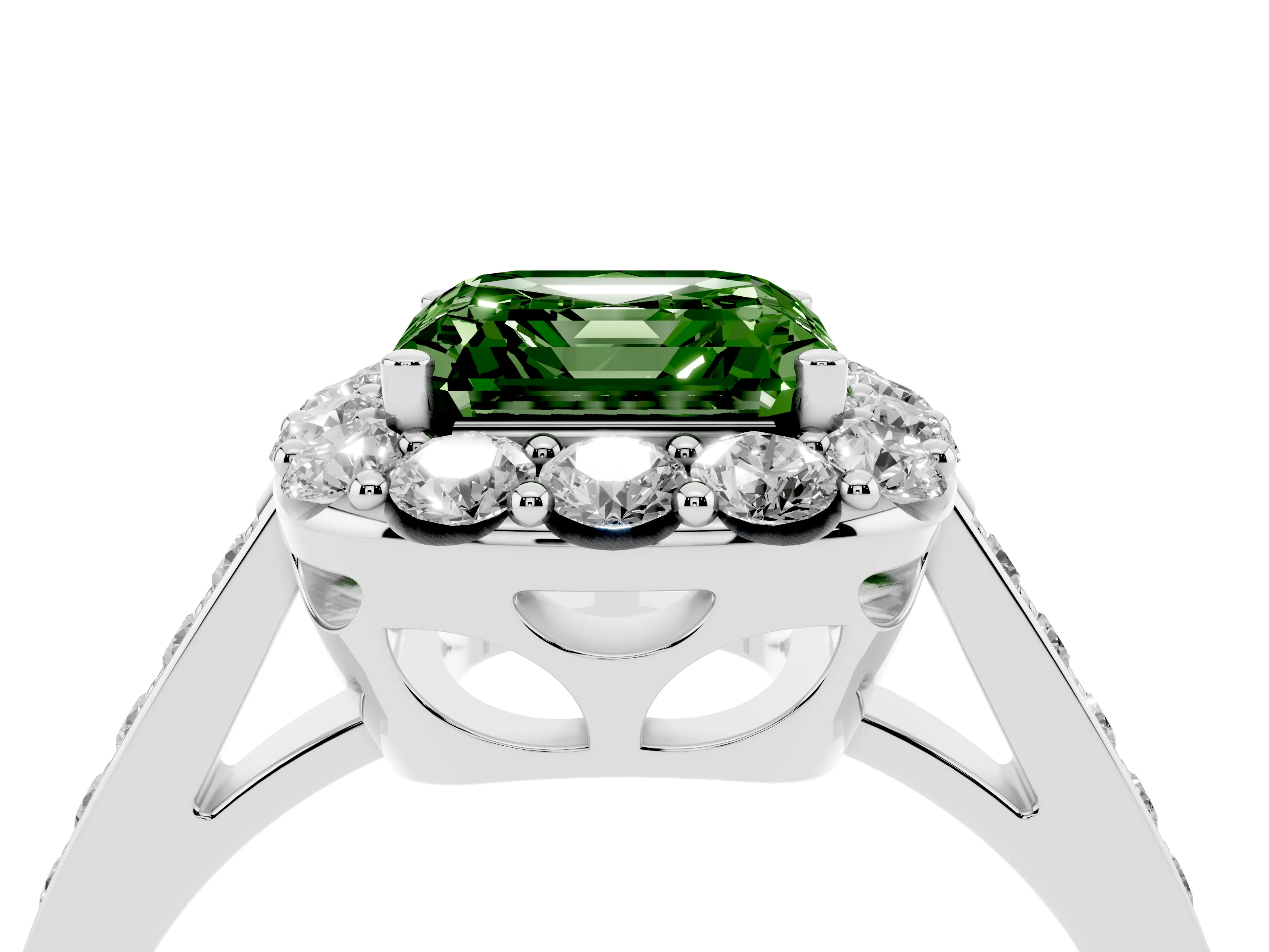 Fancy Green Asscher Cut Diamond Floral Halo Ring Set in Platinum with Pavé Band and Prong Setting