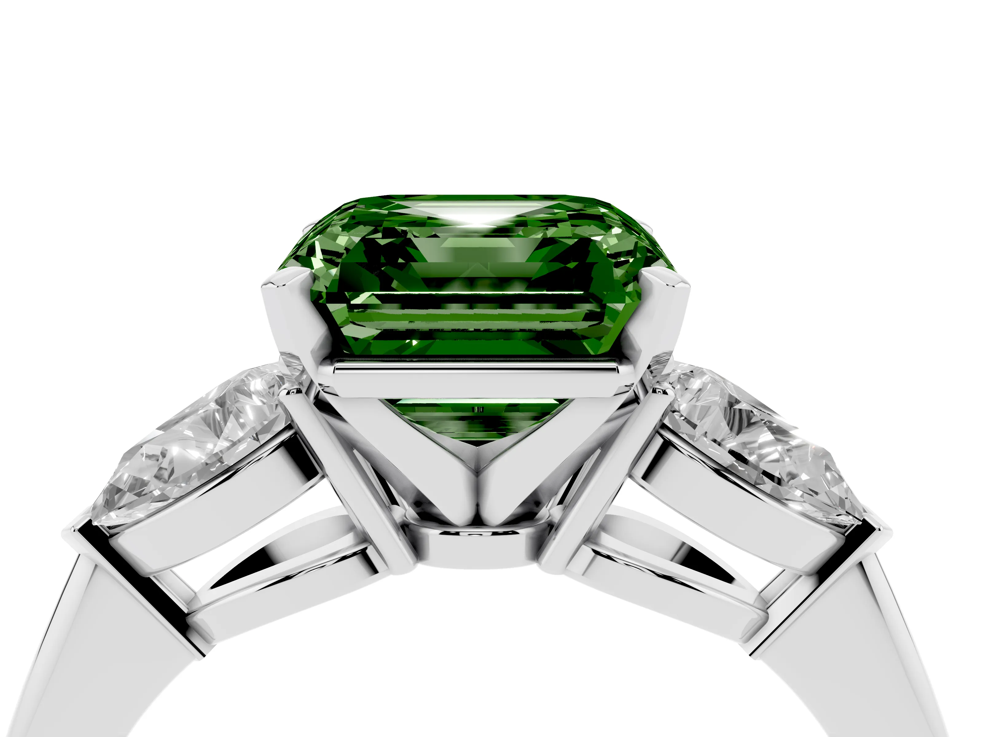 Fancy Green Three-Stone Asscher Cut Diamond Ring Set in Silver with Pear Side Stones and Prong Setting