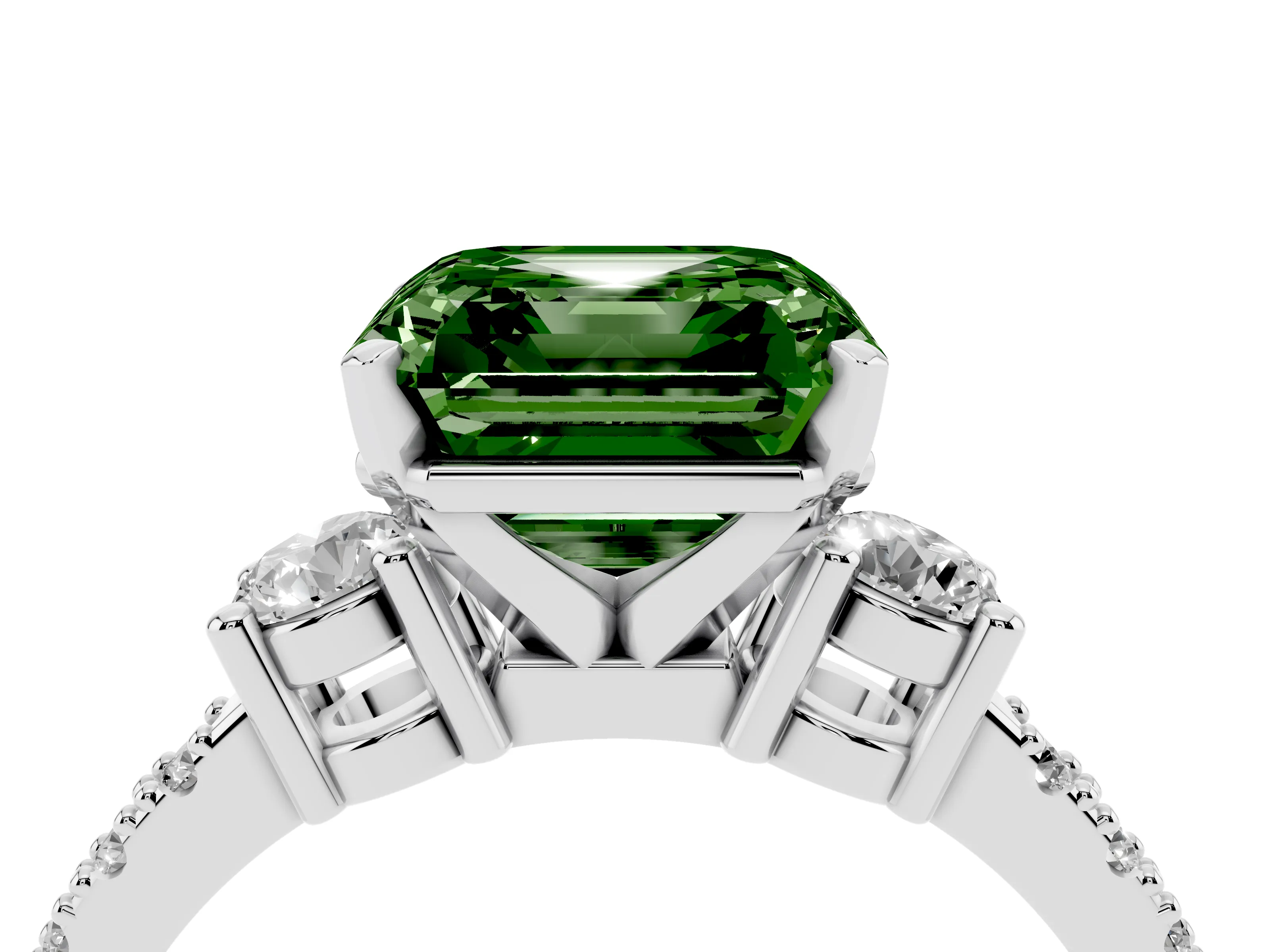 Fancy Green Three-Stone Asscher Cut Diamond Pavé Band Ring Set in Silver with Prong Setting