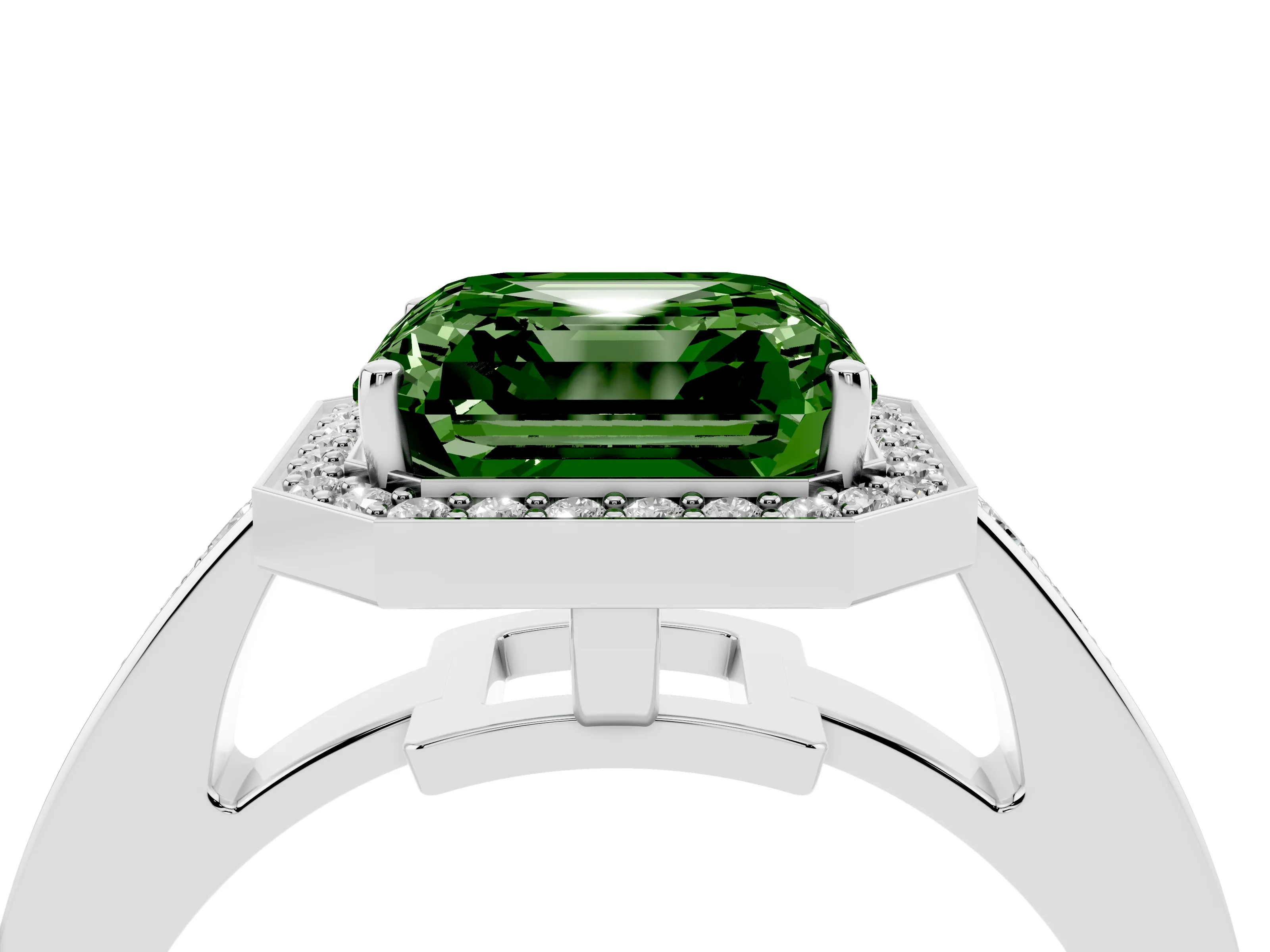 Fancy Green Asscher Cut Diamond Halo Pavé Engagement Ring Set in Platinum with Bezel Setting