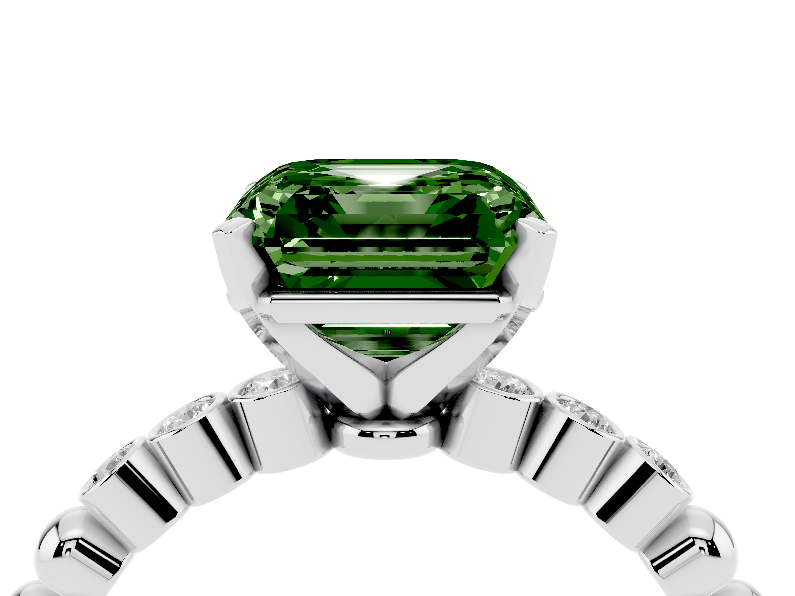 Fancy Green Asscher Cut Diamond Solitaire Engagement Ring Set in White gold with Bezel Accents on Beaded Band