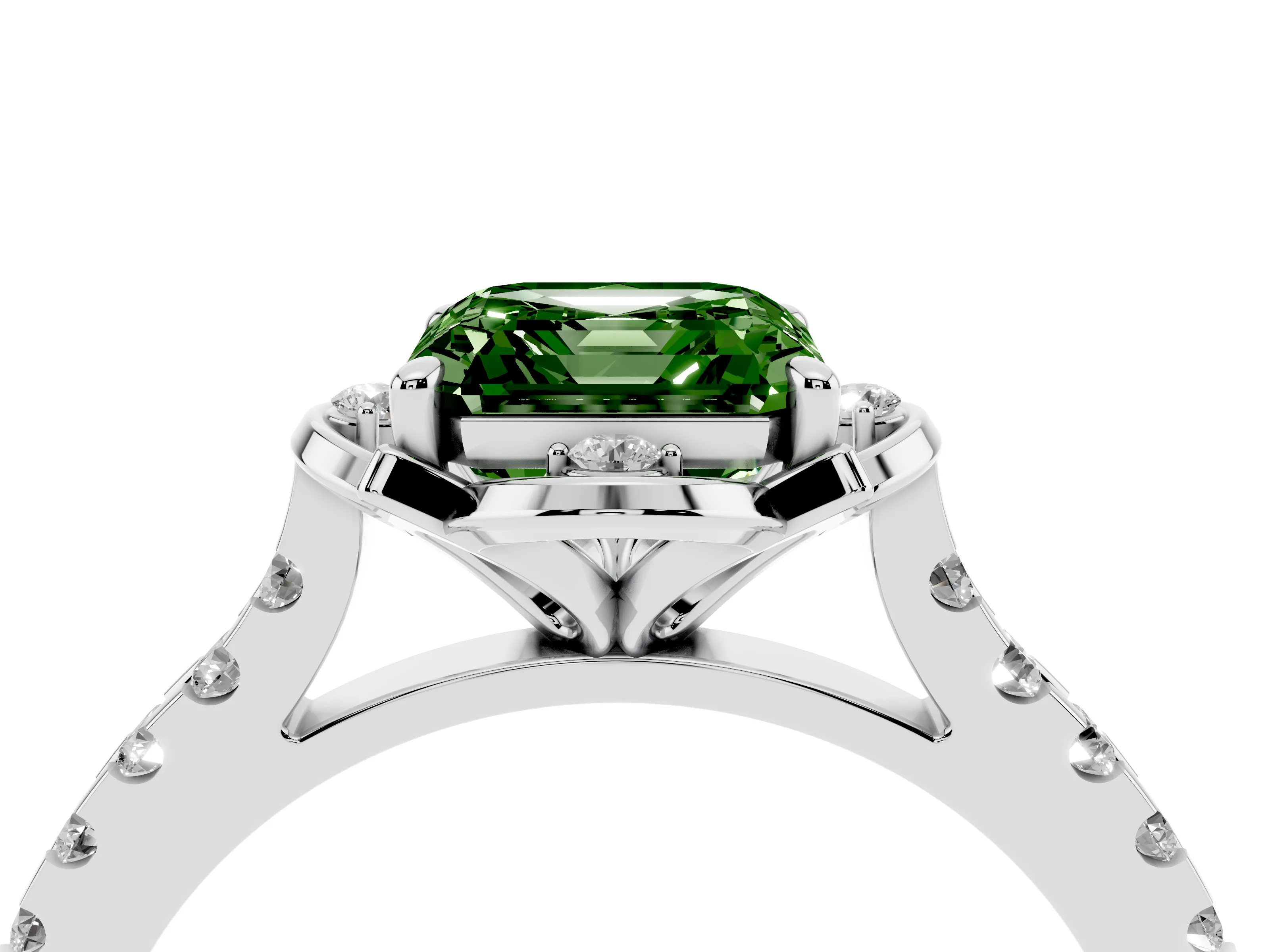 Fancy Green Asscher Cut Diamond Solitaire Ring Set in White gold with Pavé Band and Floral Prong Setting